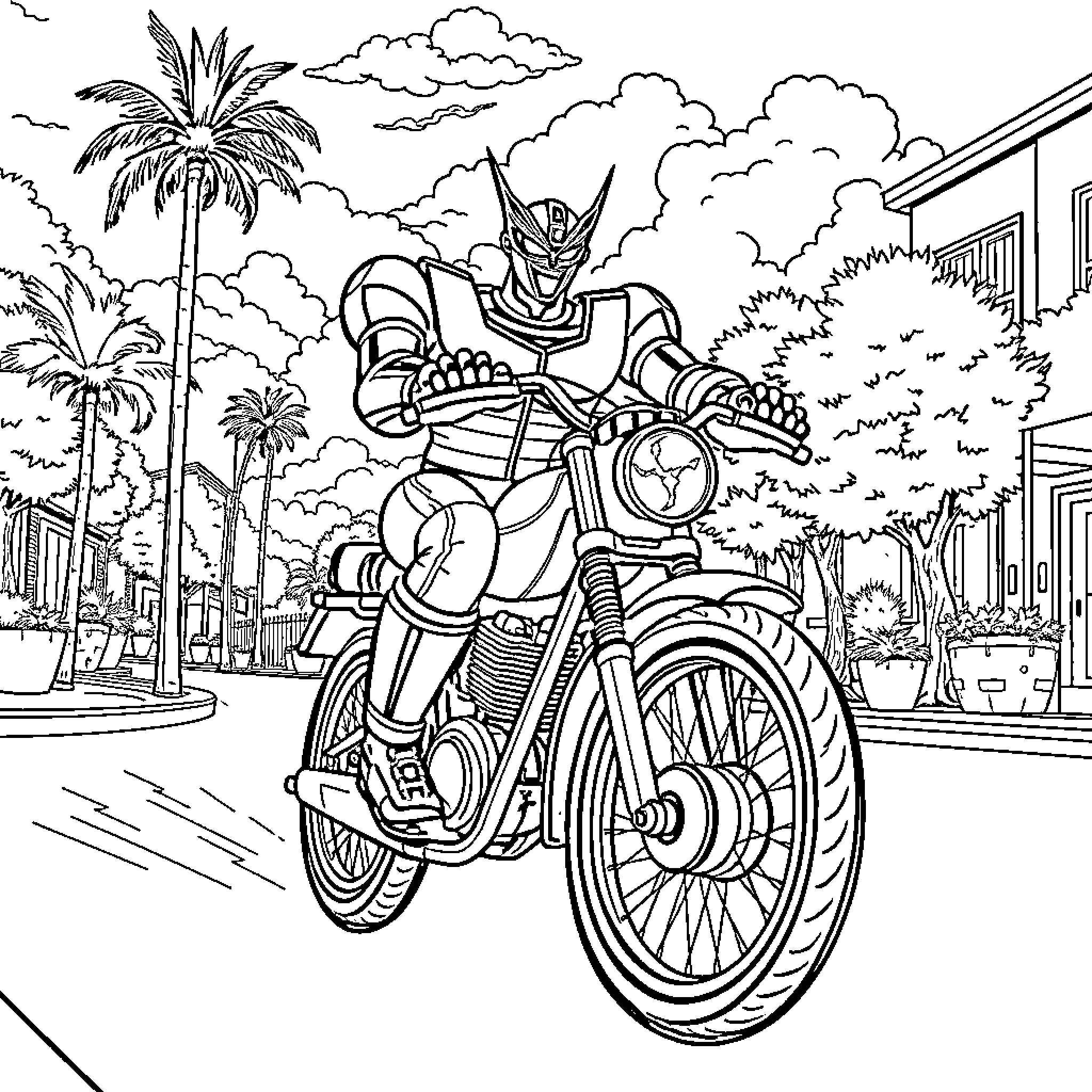 Mazinger Z on a Motorcycle in a Tropical City Coloring Page (free black-and-white line drawing printable PDF for all, from beginners to advanced learners, including children, teens, adults, and seniors)