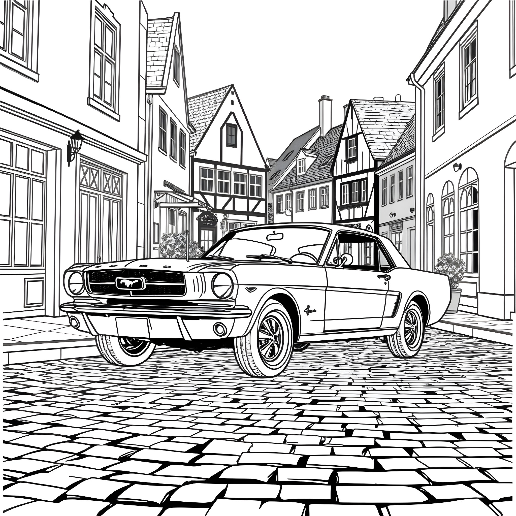 Ford Mustang sports car on a cobblestone street in a historic town Coloring Page (free black-and-white line drawing printable PDF for all, from beginners to advanced learners, including children, teens, adults, and seniors)