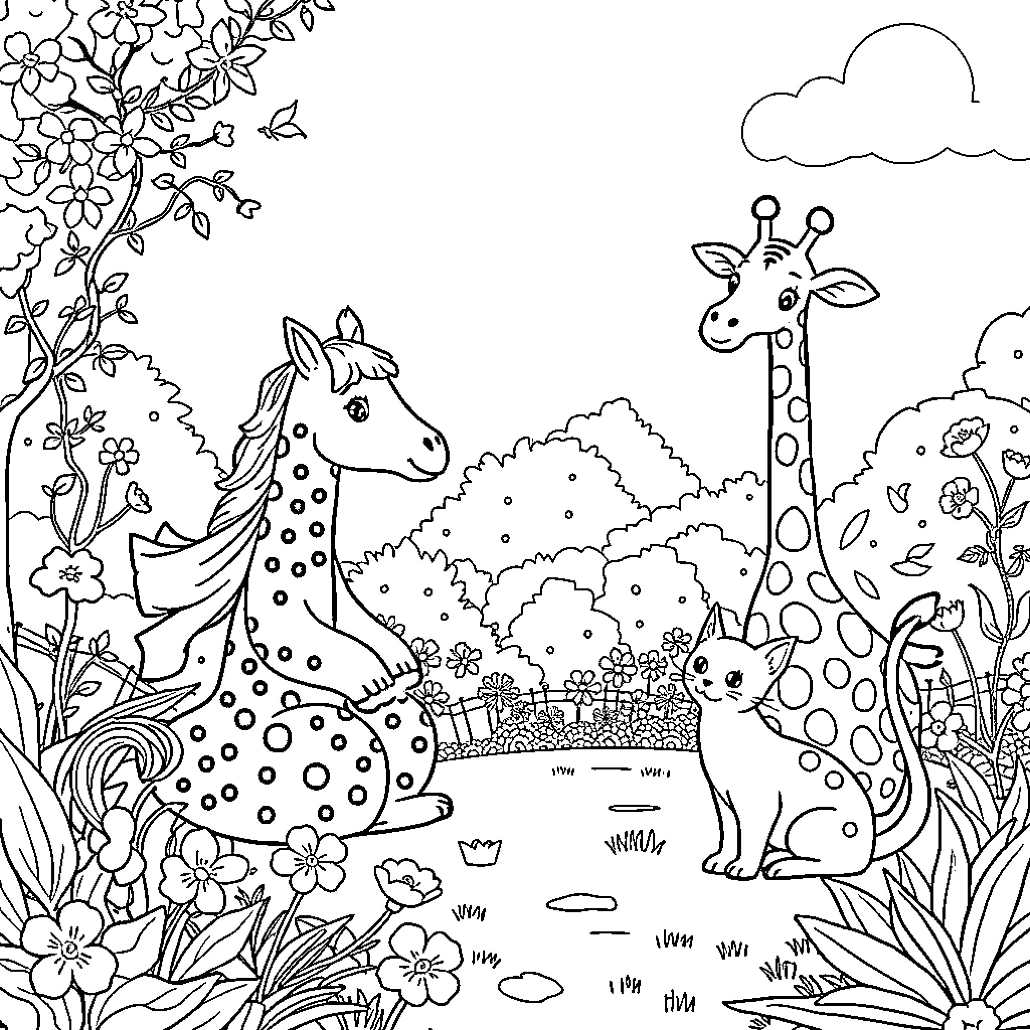 Animal friends in whimsical forest landscape Coloring Page (free black-and-white line drawing printable PDF for all, from beginners to advanced learners, including children, teens, adults, and seniors)
