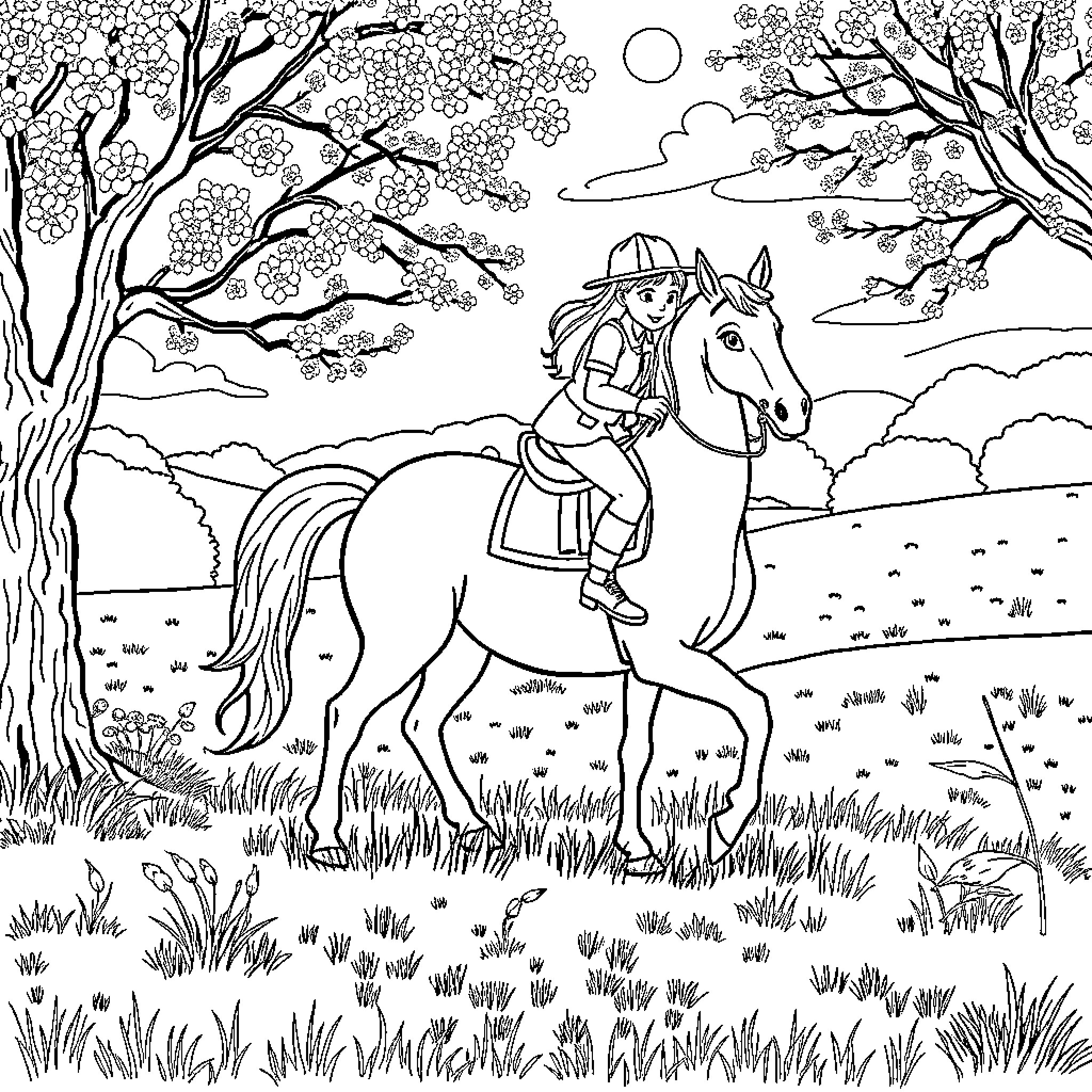 Personaje montando a caballo en el campo Coloring Page (free black-and-white line drawing printable PDF for all, from beginners to advanced learners, including children, teens, adults, and seniors)