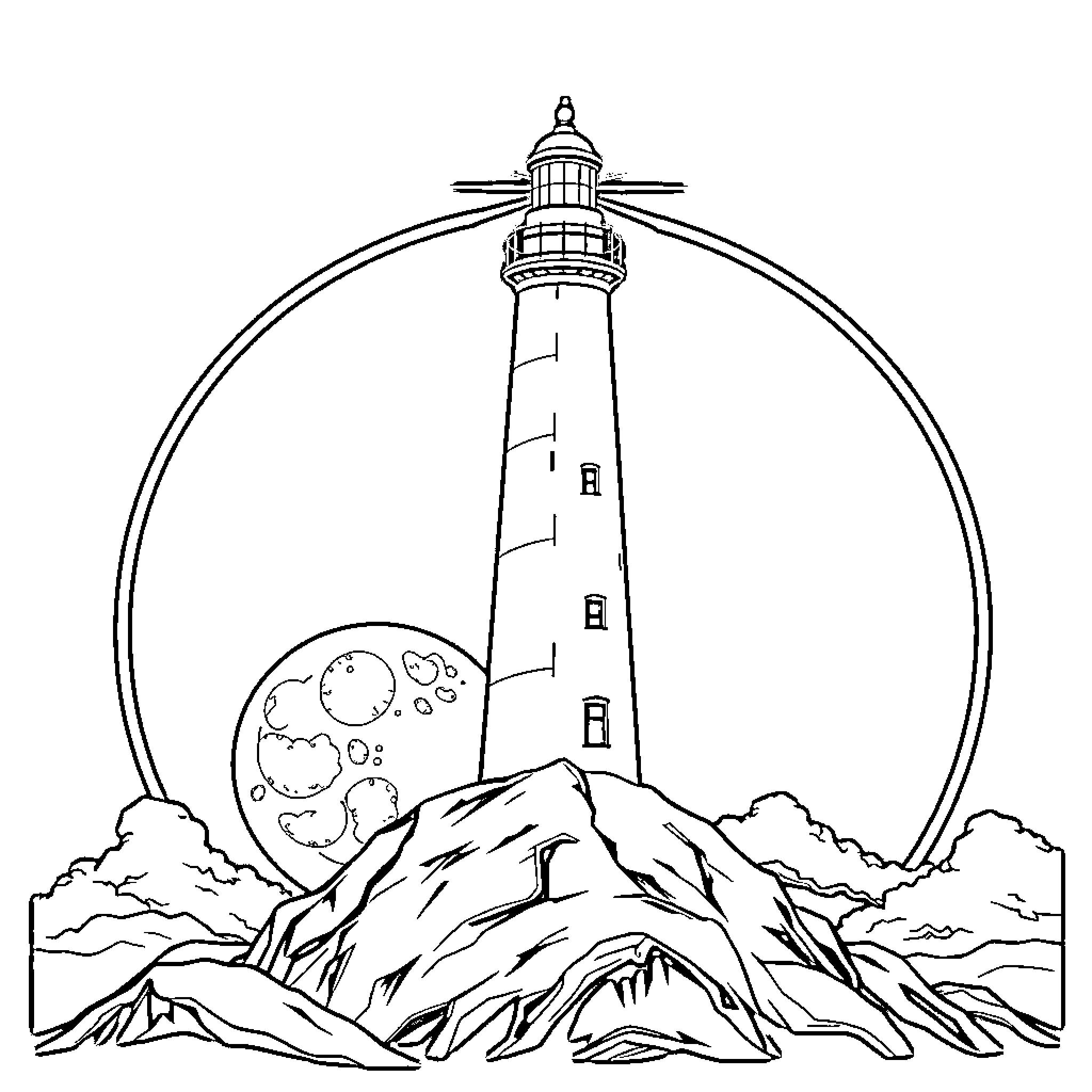 Lighthouse standing tall on rocky cliffs Coloring Page (free black-and-white line drawing printable PDF for all, from beginners to advanced learners, including children, teens, adults, and seniors)