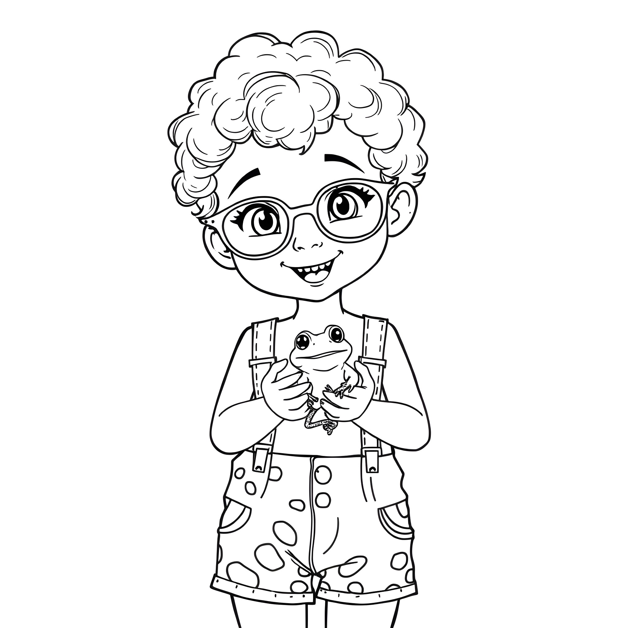 Girl playing with a frog Coloring Page (free black-and-white line drawing printable PDF for all, from beginners to advanced learners, including children, teens, adults, and seniors)