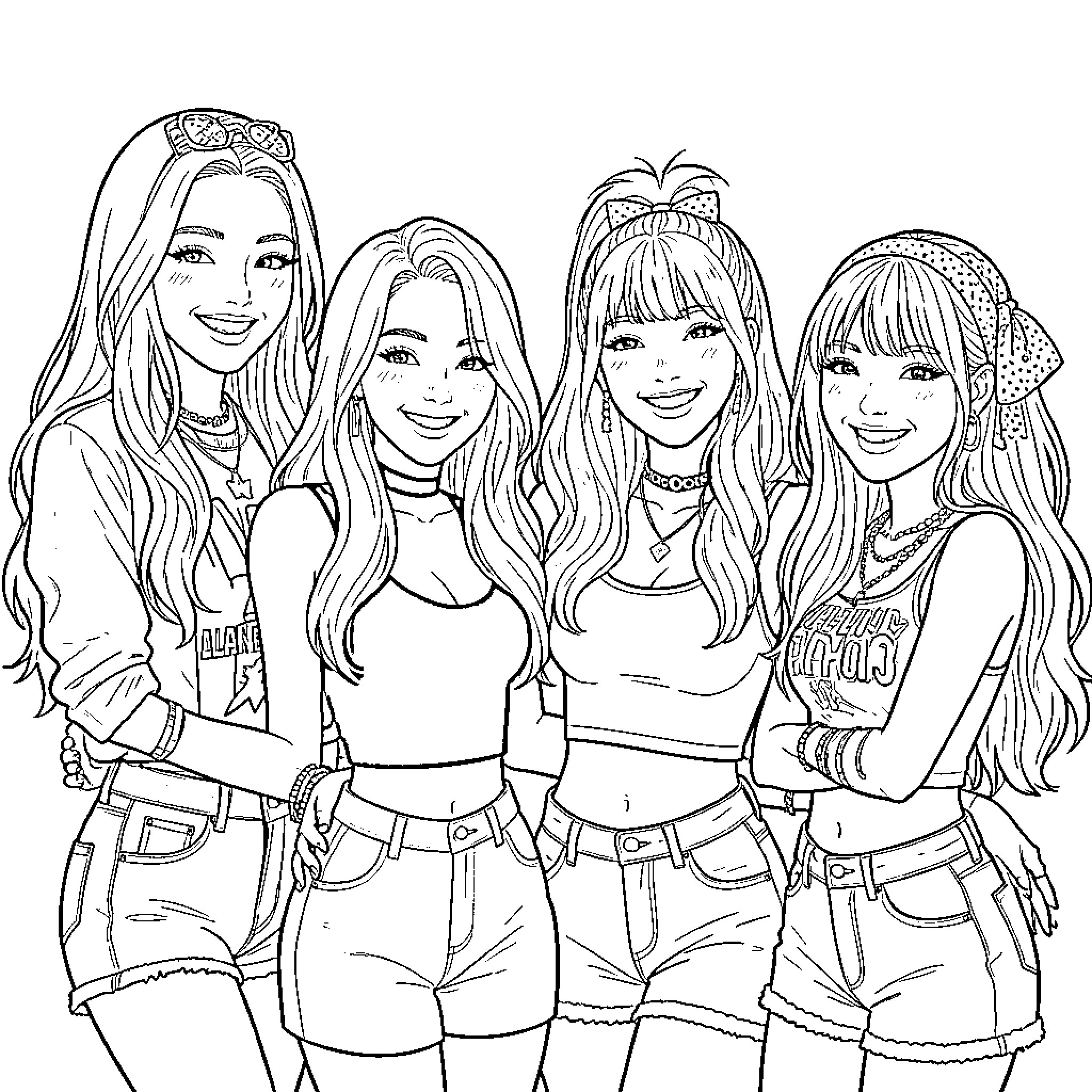 Blackpink posing together with stylish outfits and accessories Coloring Page (free black-and-white line drawing printable PDF for all, from beginners to advanced learners, including children, teens, adults, and seniors)