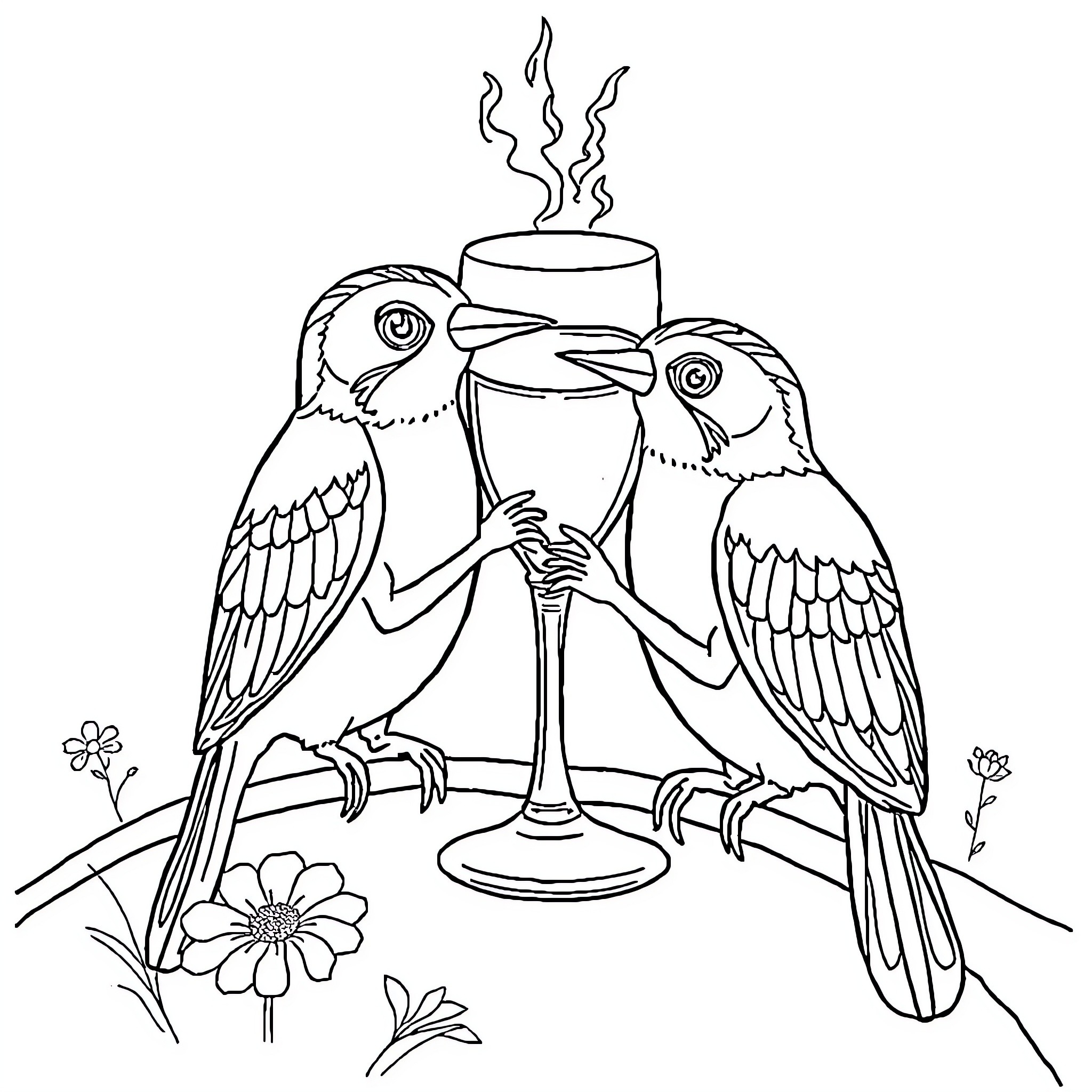 Worsten Parrots Sharing a Drink Coloring Page (free black-and-white line drawing printable PDF for all, from beginners to advanced learners, including children, teens, adults, and seniors)