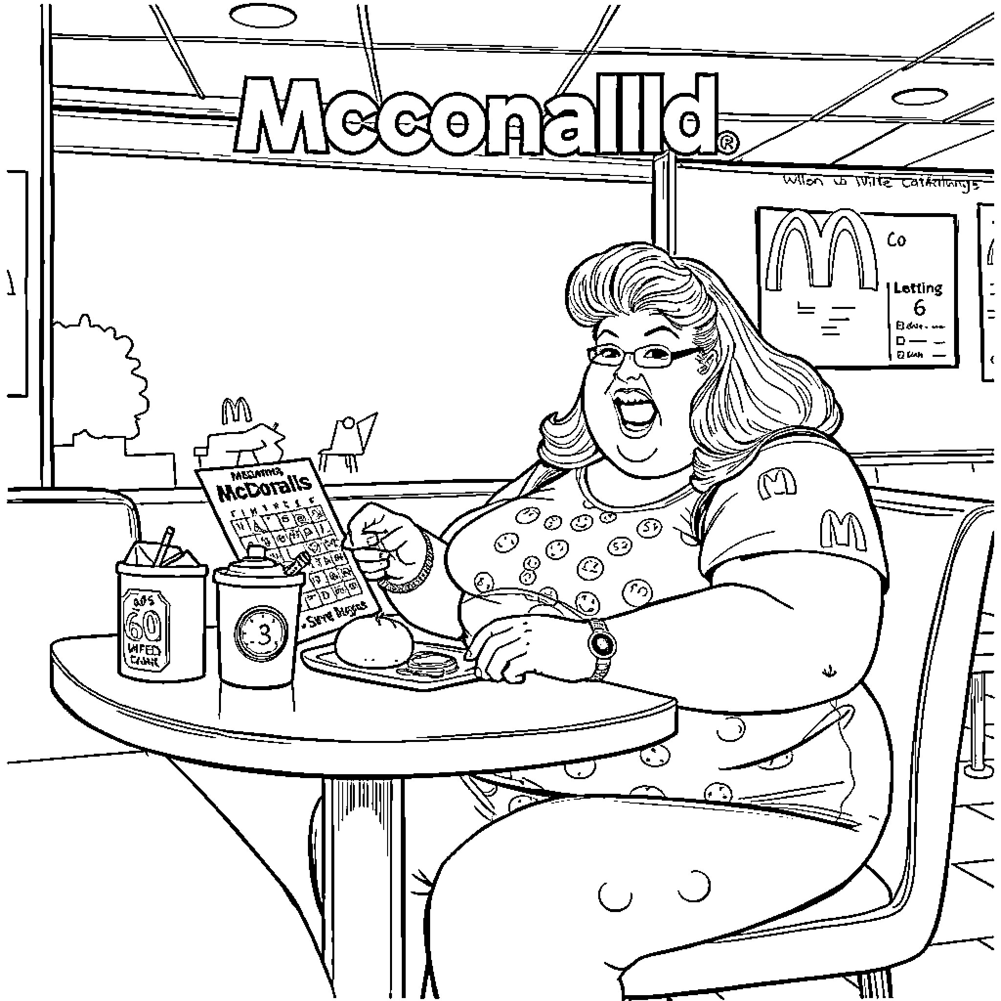 Amberlynn Reid enjoying fast food at a McDonald's restaurant Coloring Page (free black-and-white line drawing printable PDF for all, from beginners to advanced learners, including children, teens, adults, and seniors)