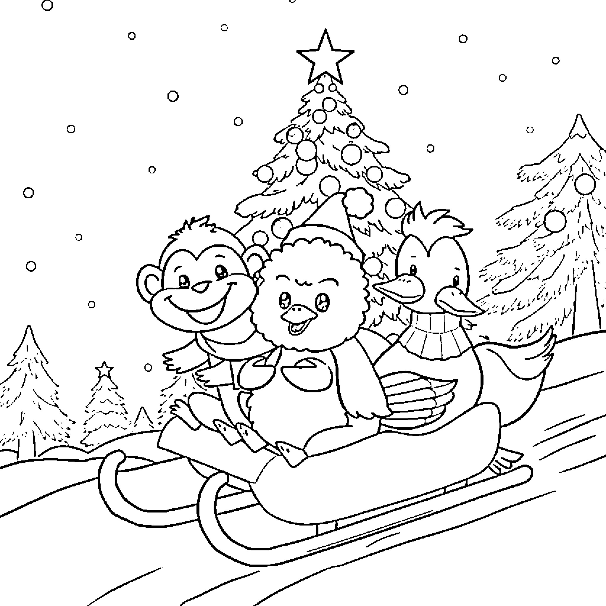 Animal Sledding with Christmas Tree in Snowy Landscape Coloring Page (free black-and-white line drawing printable PDF for all, from beginners to advanced learners, including children, teens, adults, and seniors)