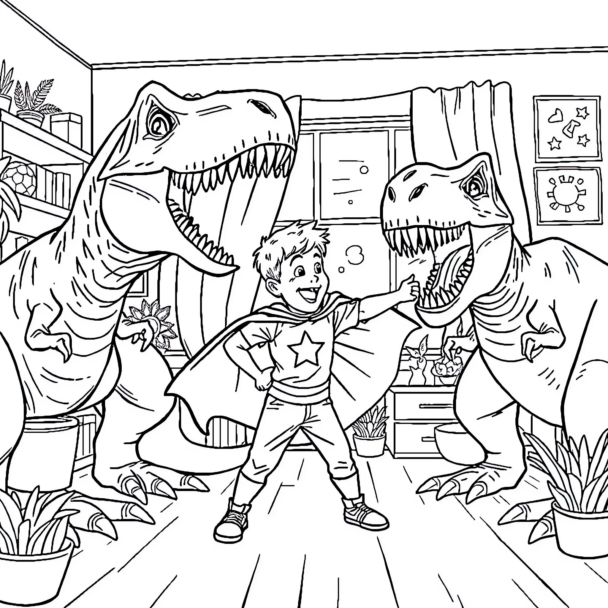 Boy playing with dinosaur toys in bedroom Coloring Page (free black-and-white line drawing printable PDF for all, from beginners to advanced learners, including children, teens, adults, and seniors)