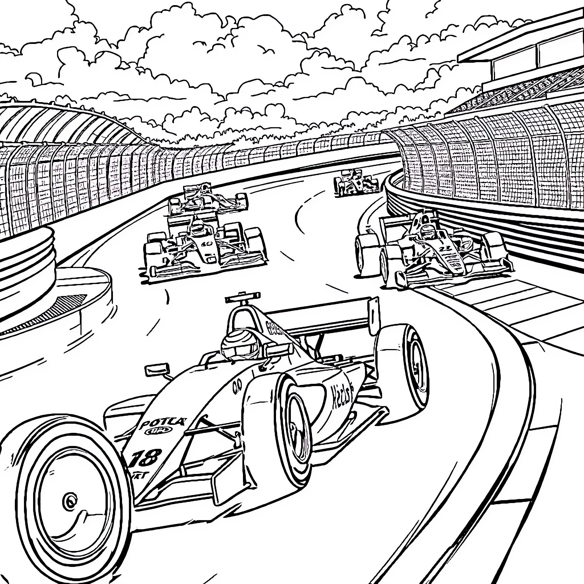 F1 Racing Cars on High-Speed Track Coloring Page (free black-and-white line drawing printable PDF for all, from beginners to advanced learners, including children, teens, adults, and seniors)