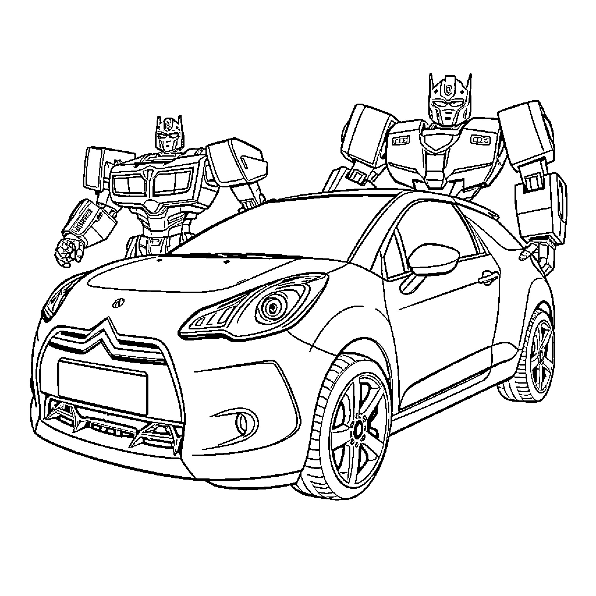 Transformers protecting a modern vehicle Coloring Page (free black-and-white line drawing printable PDF for all, from beginners to advanced learners, including children, teens, adults, and seniors)