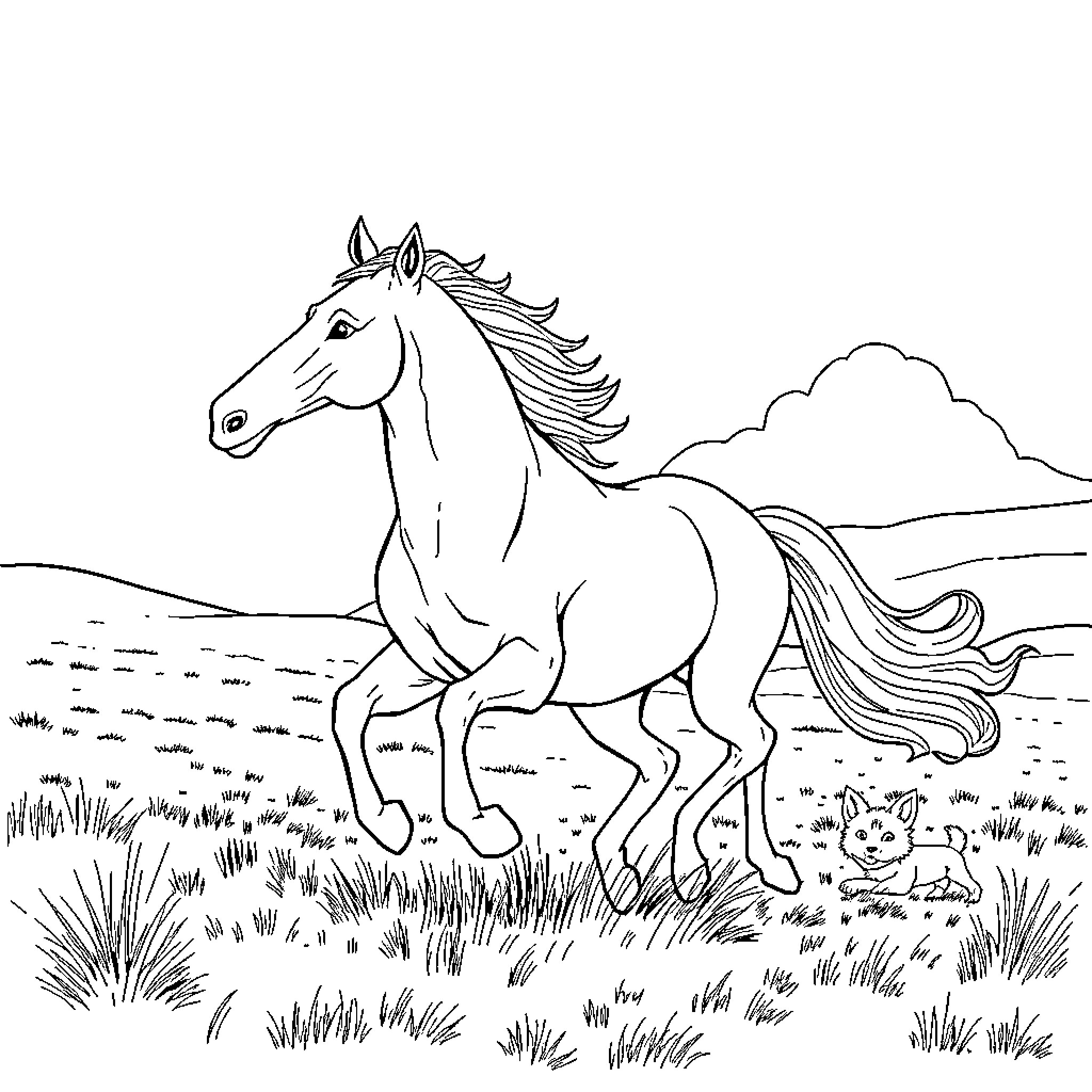 Dog running freely in the countryside Coloring Page (free black-and-white line drawing printable PDF for all, from beginners to advanced learners, including children, teens, adults, and seniors)