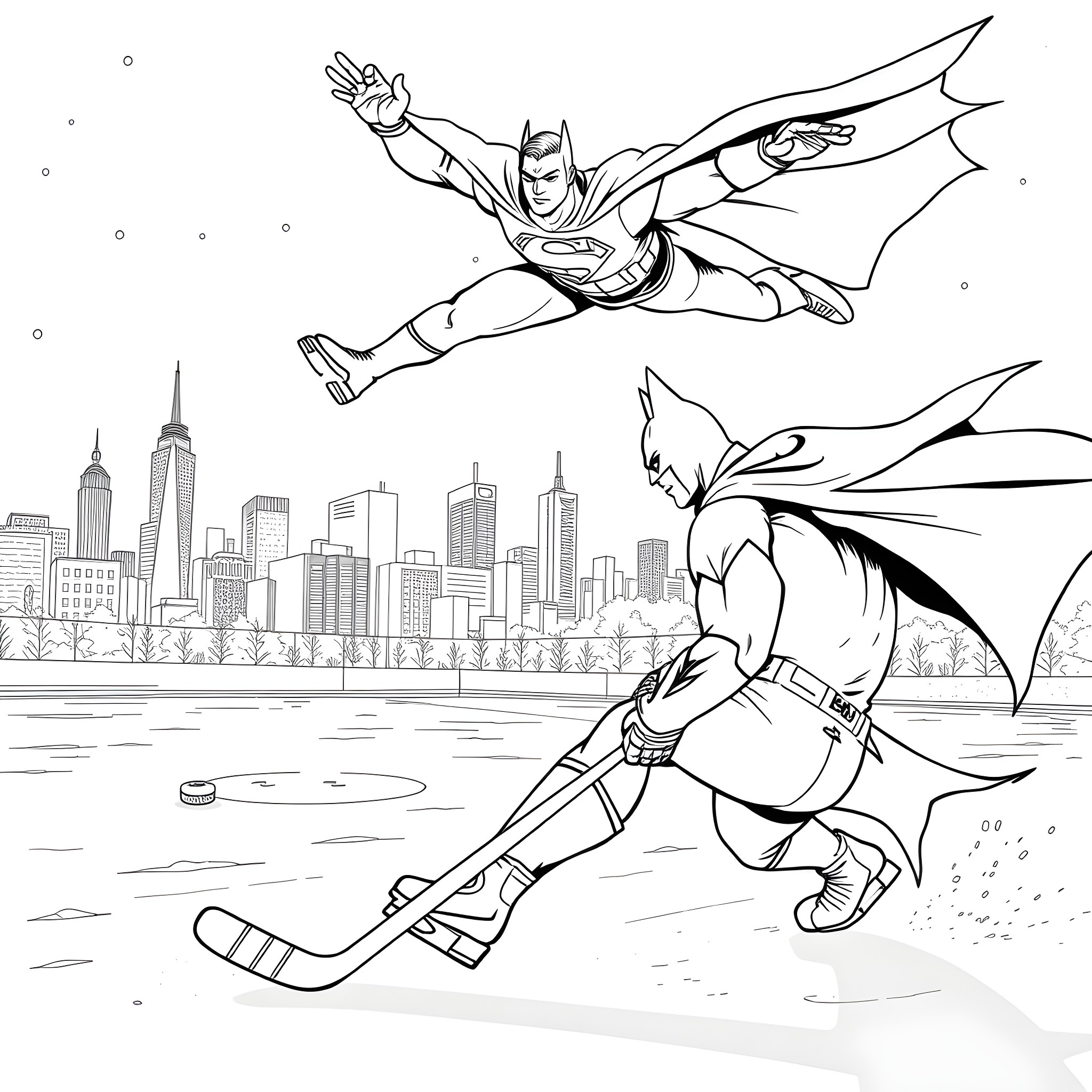 Batman's Heroic Adventures in the City Coloring Page (free black-and-white line drawing printable PDF for all, from beginners to advanced learners, including children, teens, adults, and seniors)