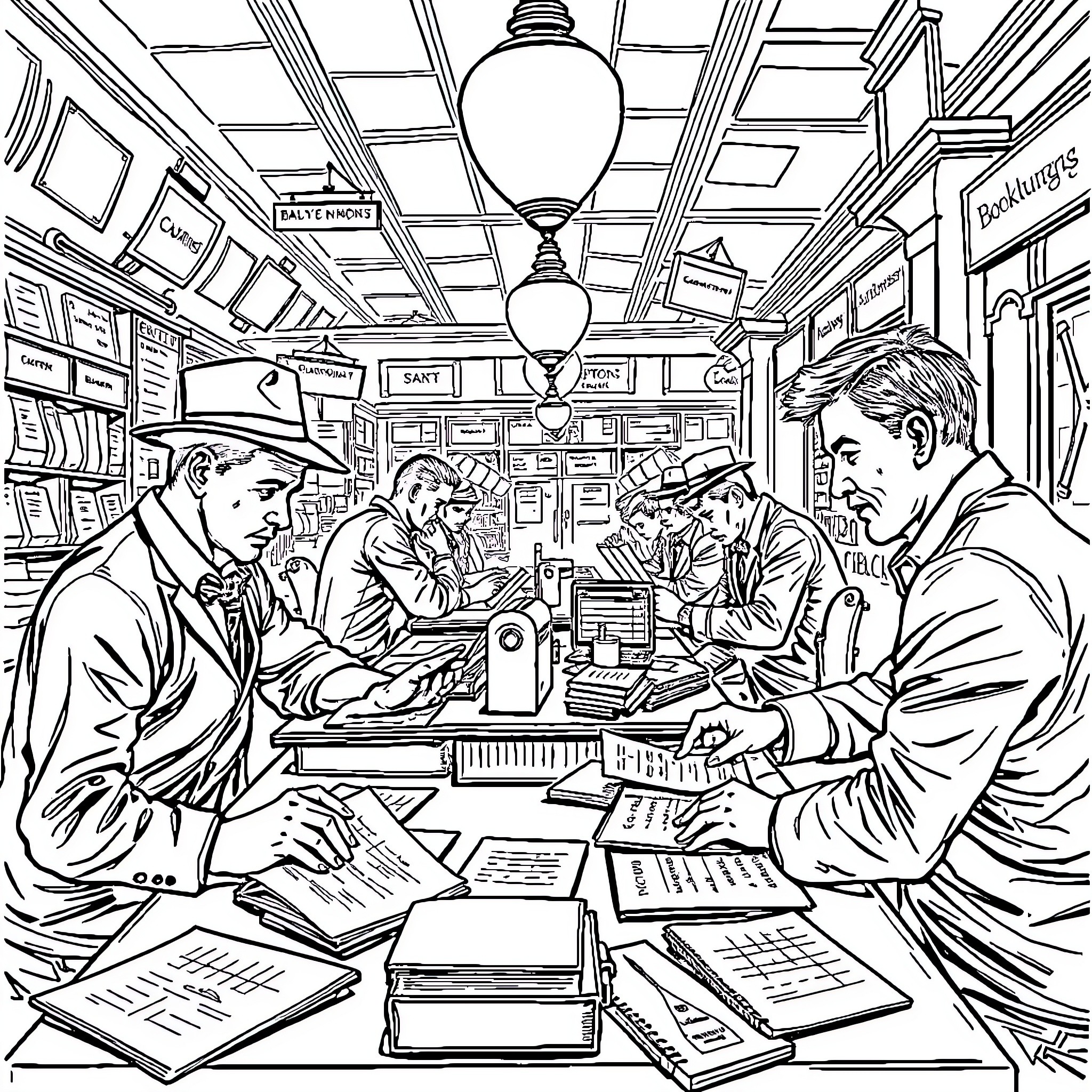 Bookmaker's Busy Workspace: Men at Work in an Old-Fashioned Office Coloring Page (free black-and-white line drawing printable PDF for all, from beginners to advanced learners, including children, teens, adults, and seniors)