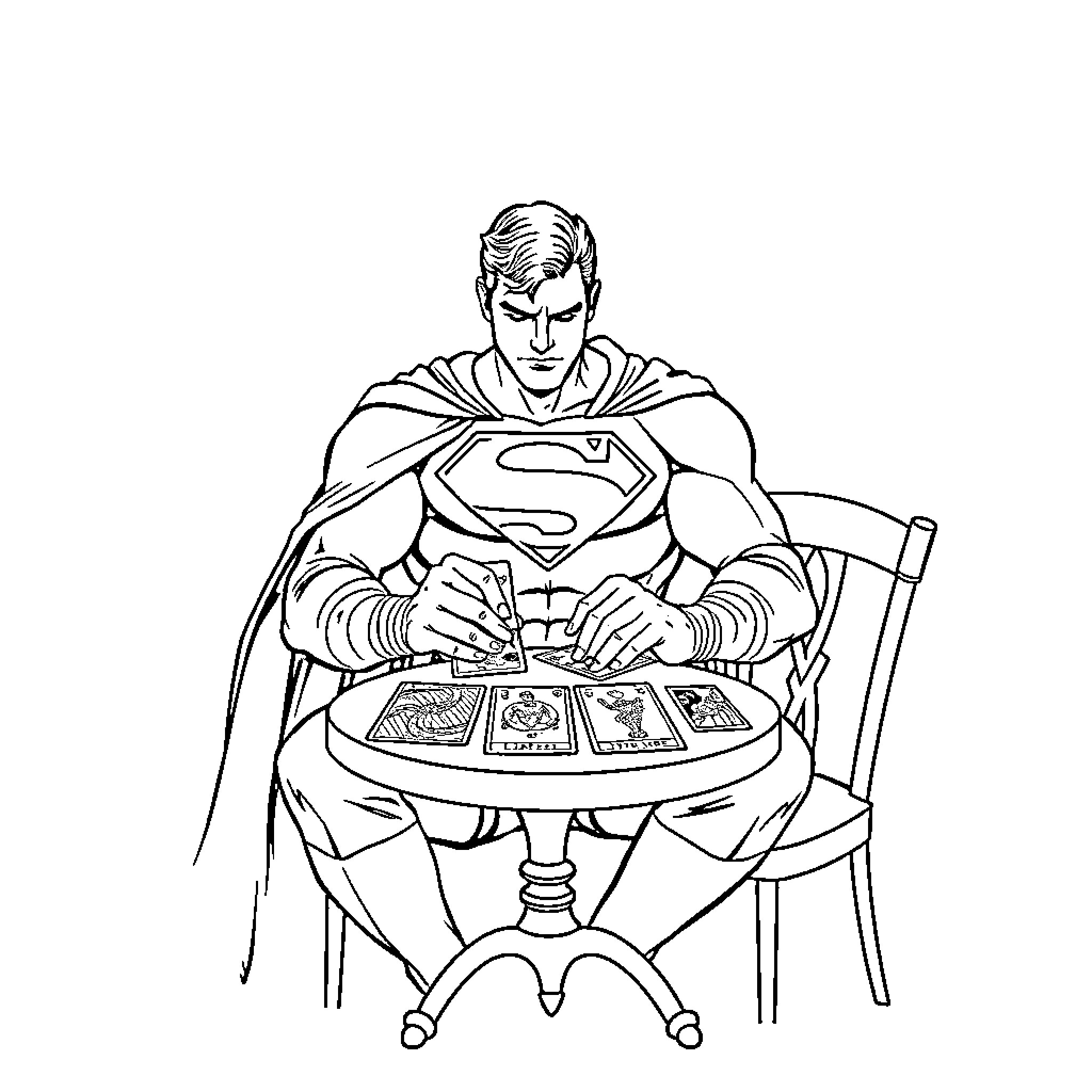 Superman studying important documents in his lair Coloring Page (free black-and-white line drawing printable PDF for all, from beginners to advanced learners, including children, teens, adults, and seniors)