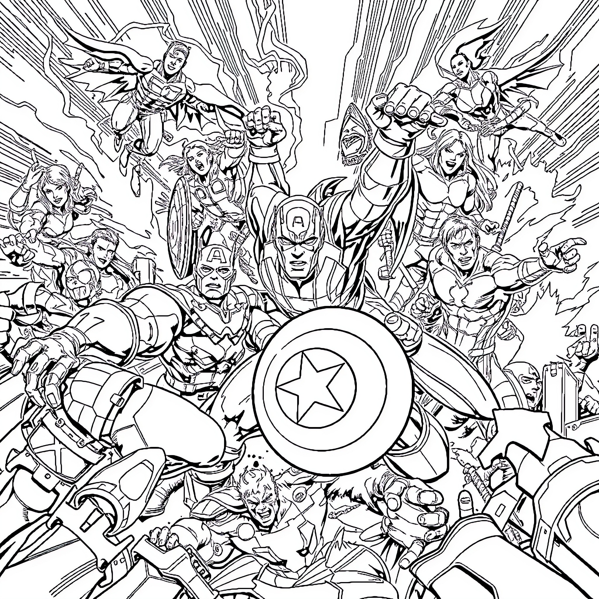 Avenger's Heroic Clash in Epic Encounter Coloring Page (free black-and-white line drawing printable PDF for all, from beginners to advanced learners, including children, teens, adults, and seniors)