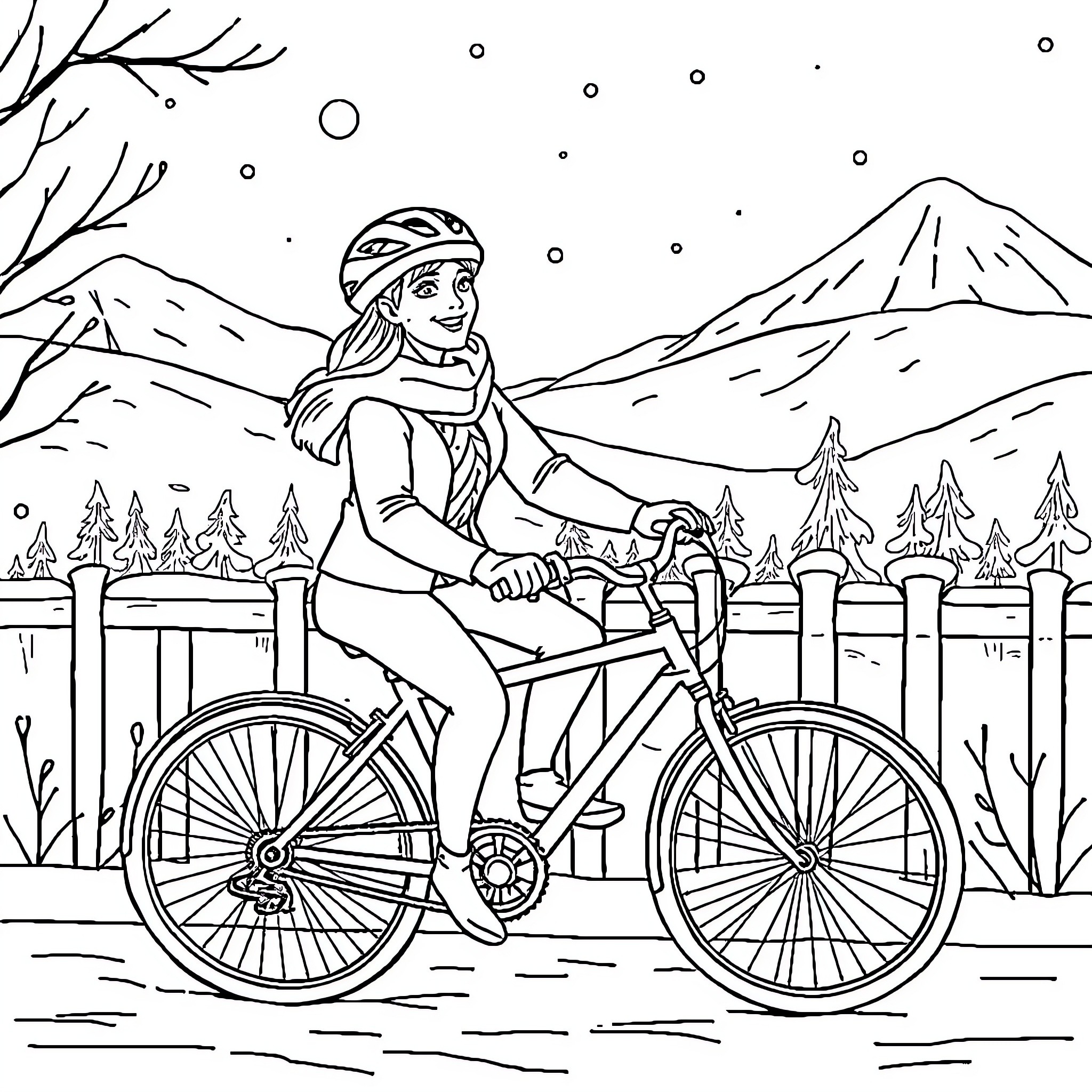 Snow Queen Riding Bicycle in Winter Wonderland Coloring Page (free black-and-white line drawing printable PDF for all, from beginners to advanced learners, including children, teens, adults, and seniors)