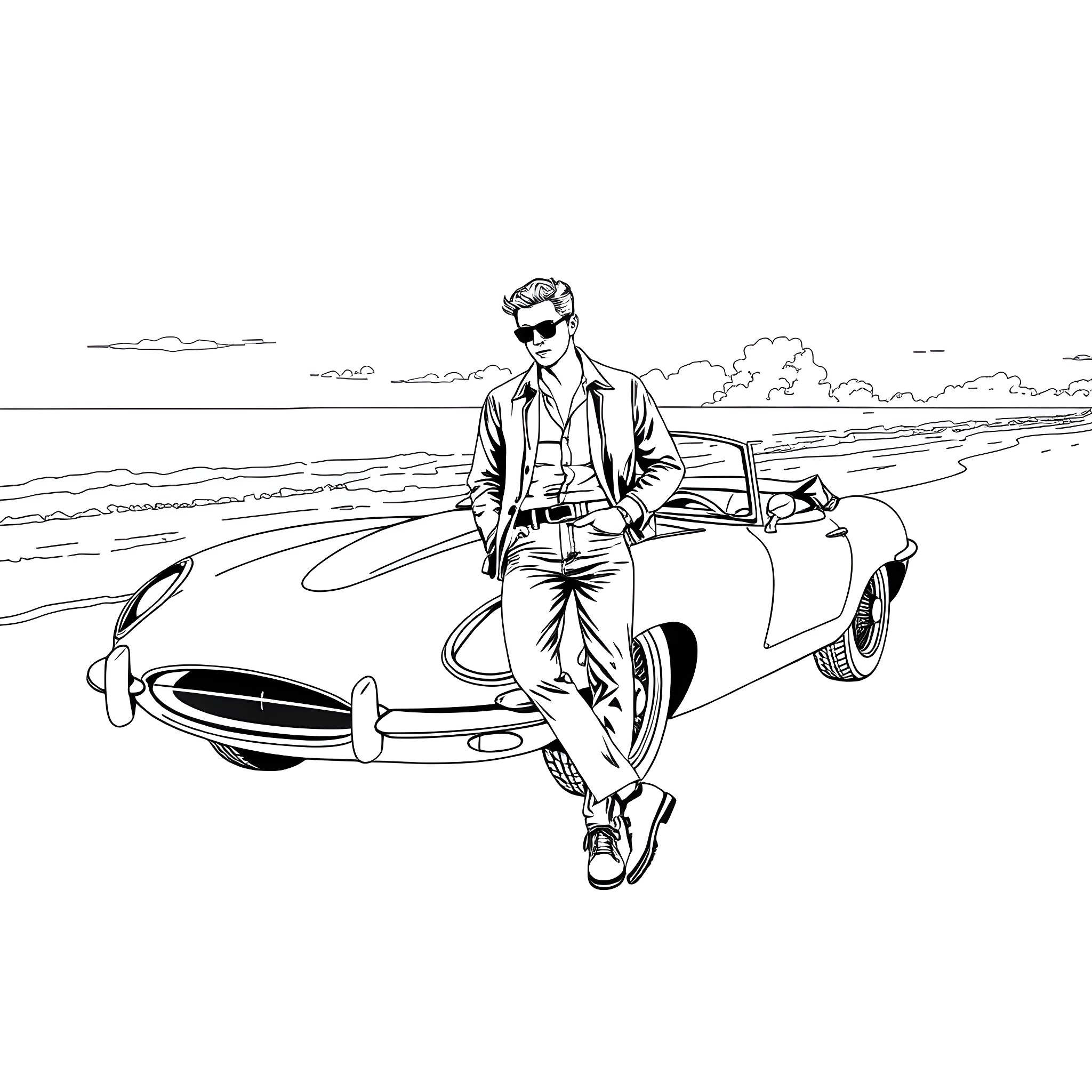 James Dean driving a classic sports car on the beach Coloring Page (free black-and-white line drawing printable PDF for all, from beginners to advanced learners, including children, teens, adults, and seniors)