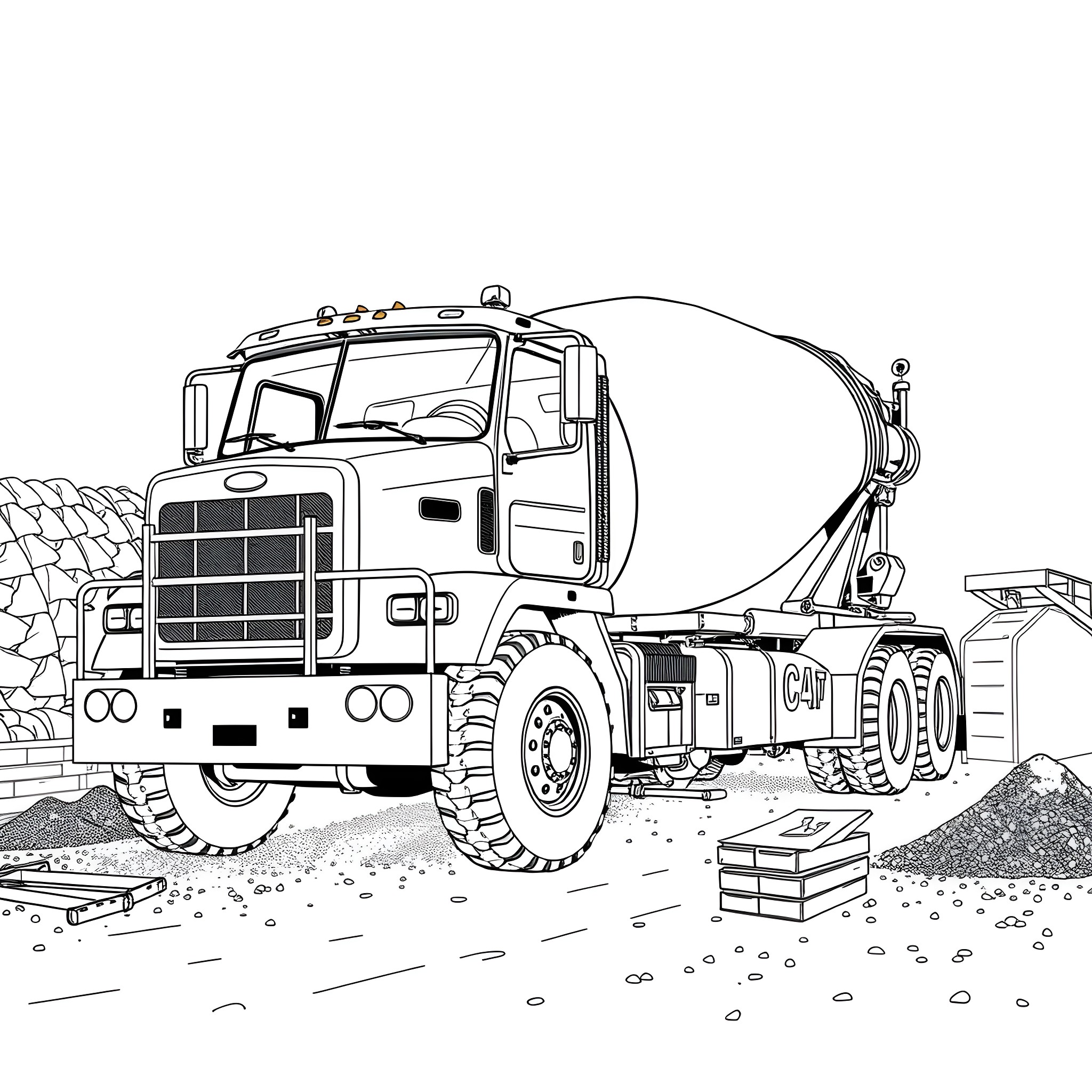 Mixer Truck at Construction Site Coloring Page (free black-and-white line drawing printable PDF for all, from beginners to advanced learners, including children, teens, adults, and seniors)