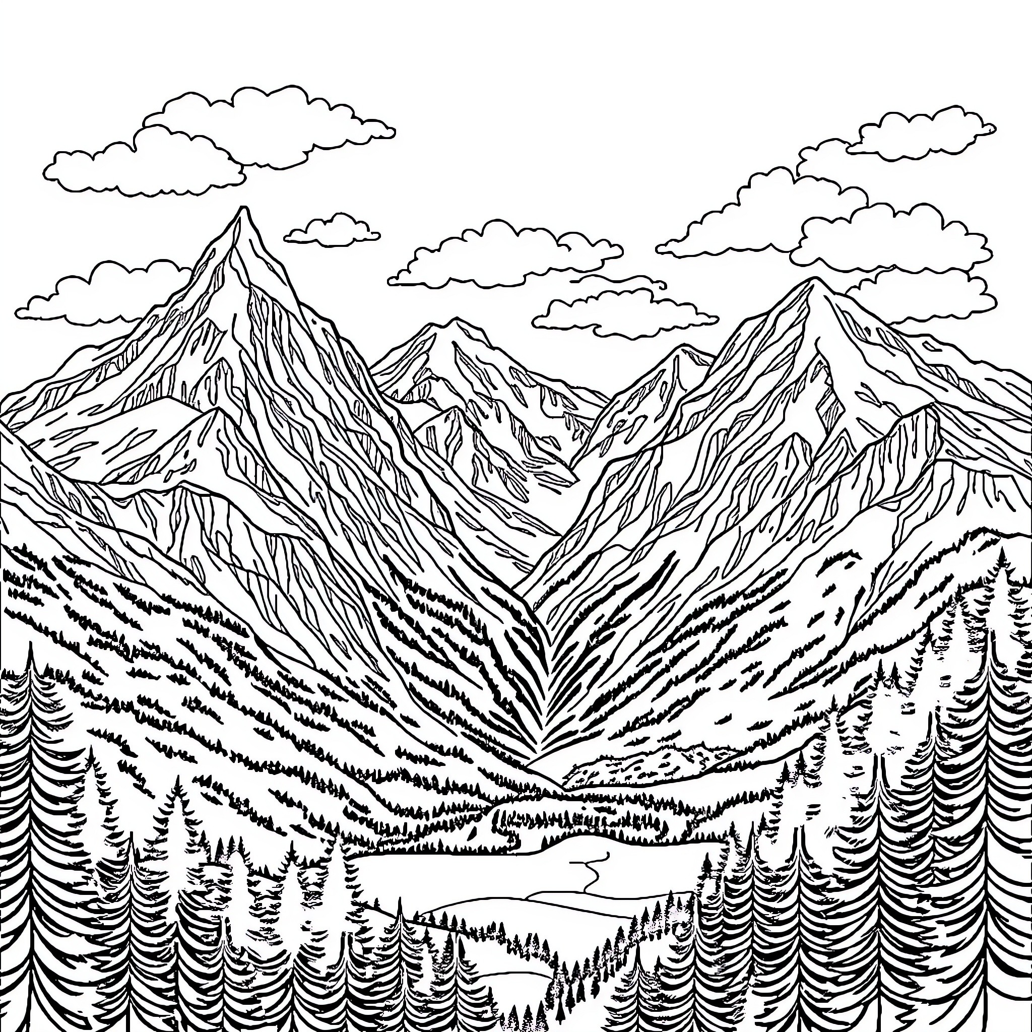 Mountain Landscape with Snowy Peaks and Pine Forests Coloring Page (free black-and-white line drawing printable PDF for all, from beginners to advanced learners, including children, teens, adults, and seniors)