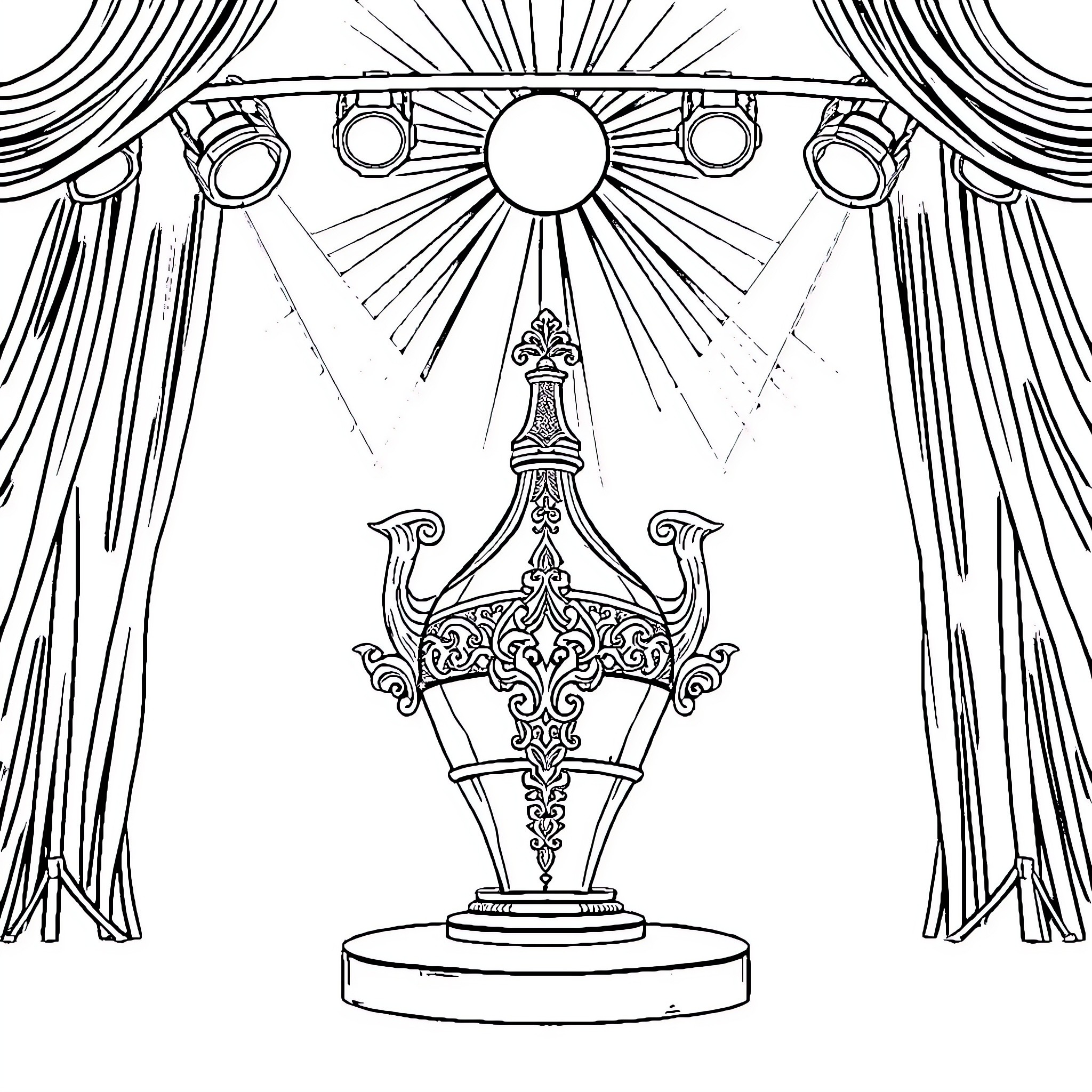 Vessel on stage with dramatic lighting Coloring Page (free black-and-white line drawing printable PDF for all, from beginners to advanced learners, including children, teens, adults, and seniors)