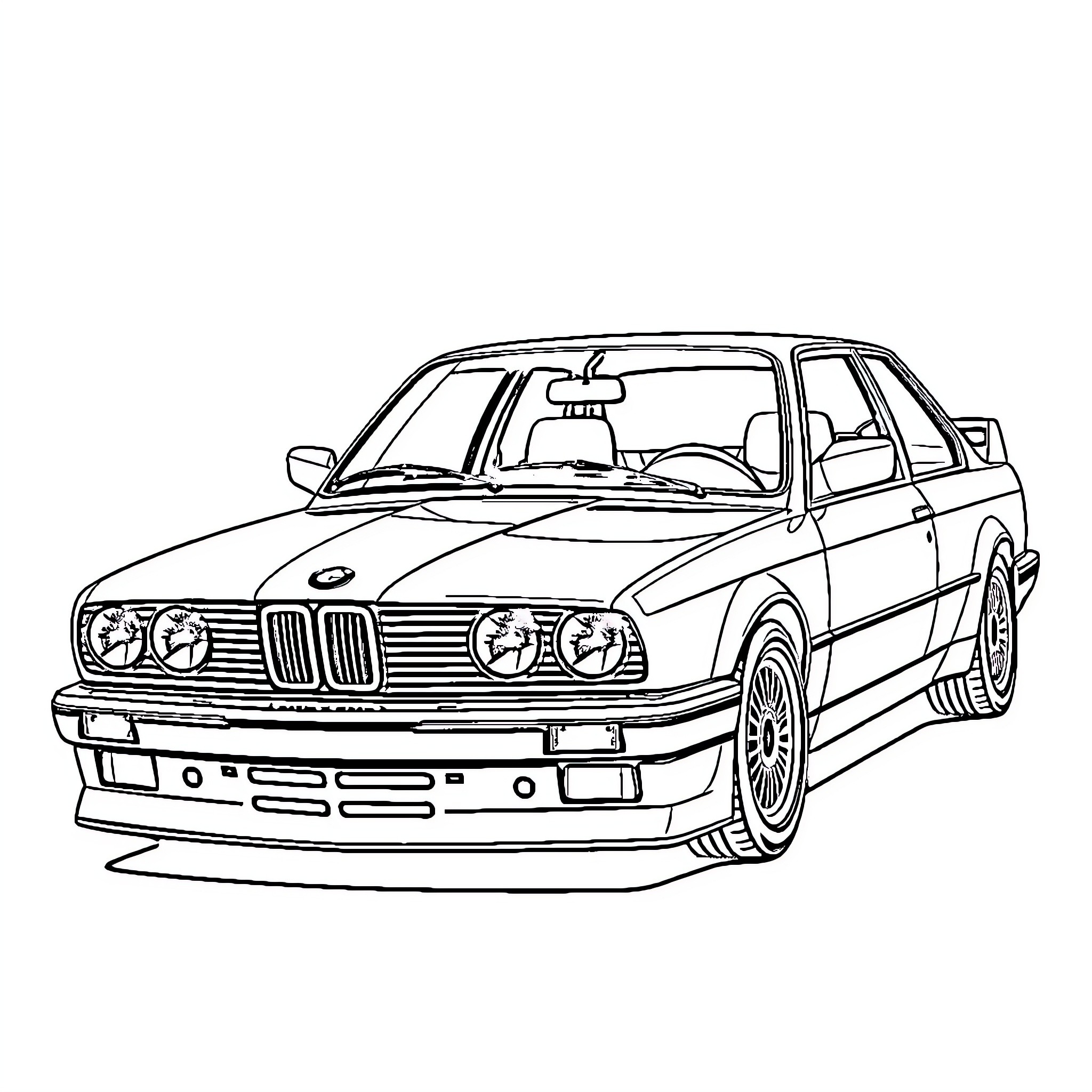 BMW sports car speeding on the road Coloring Page (free black-and-white line drawing printable PDF for all, from beginners to advanced learners, including children, teens, adults, and seniors)