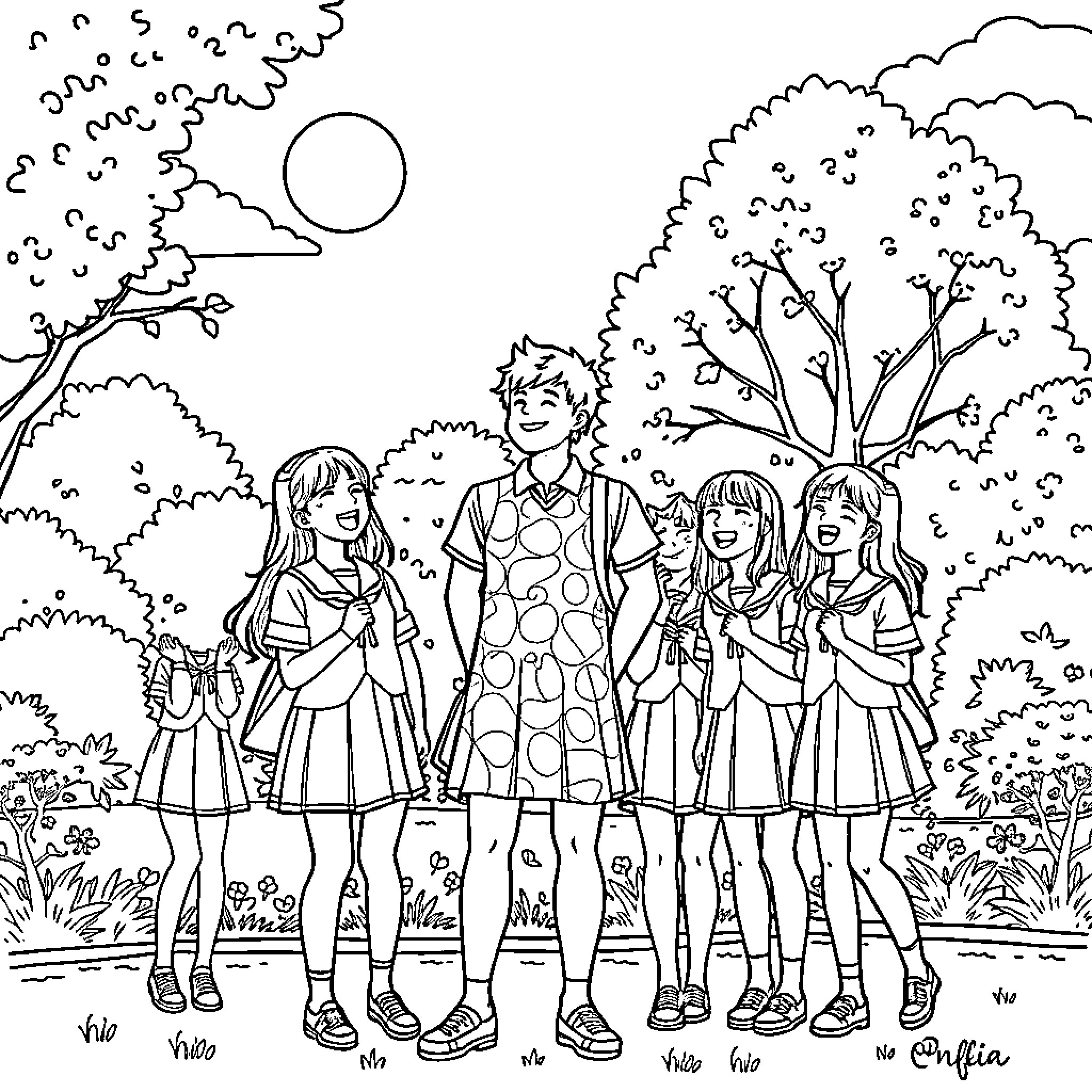 Man and group of women enjoying outdoor scene Coloring Page (free black-and-white line drawing printable PDF for all, from beginners to advanced learners, including children, teens, adults, and seniors)
