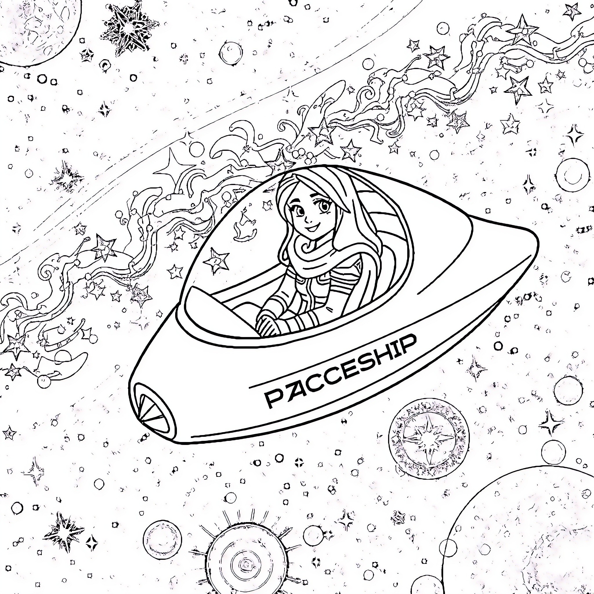 Zahra's Galactic Spaceship Adventure Coloring Page (free black-and-white line drawing printable PDF for all, from beginners to advanced learners, including children, teens, adults, and seniors)
