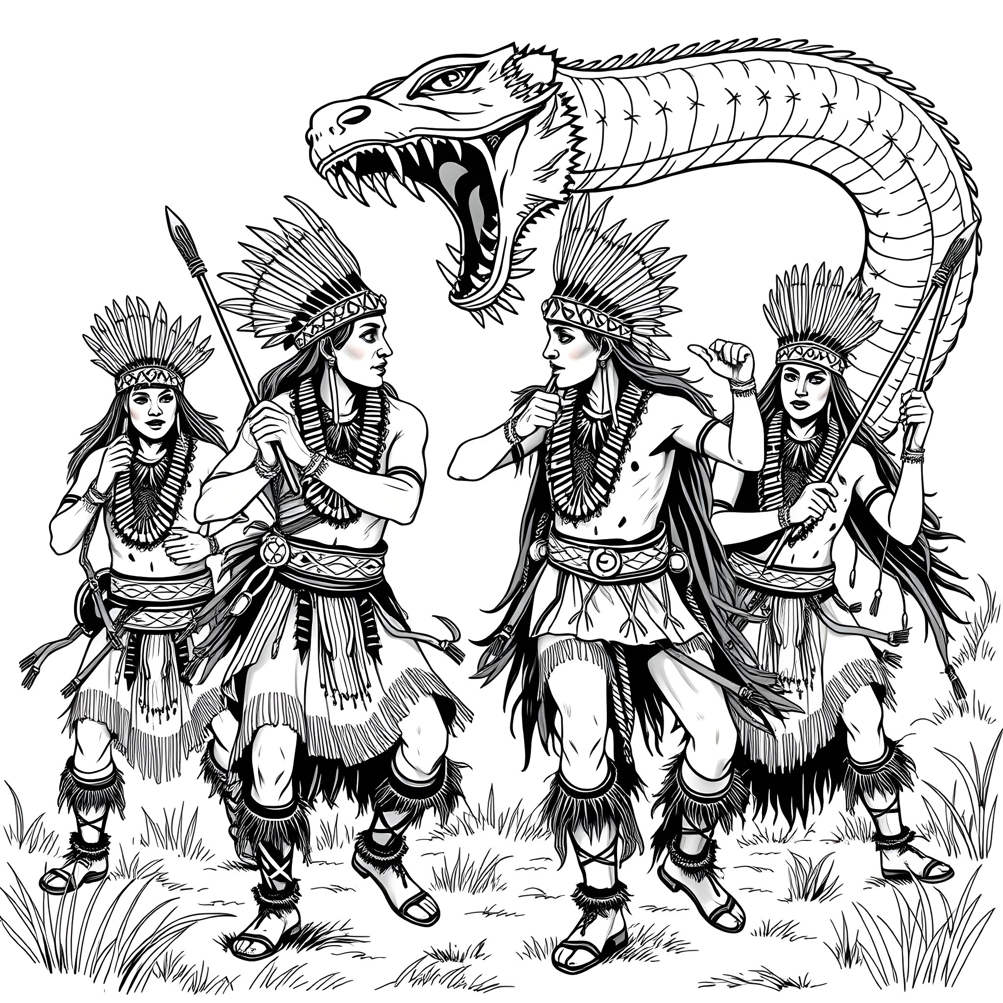 Warrior Tribes Performing Ritual Dance with Serpent Coloring Page (free black-and-white line drawing printable PDF for all, from beginners to advanced learners, including children, teens, adults, and seniors)