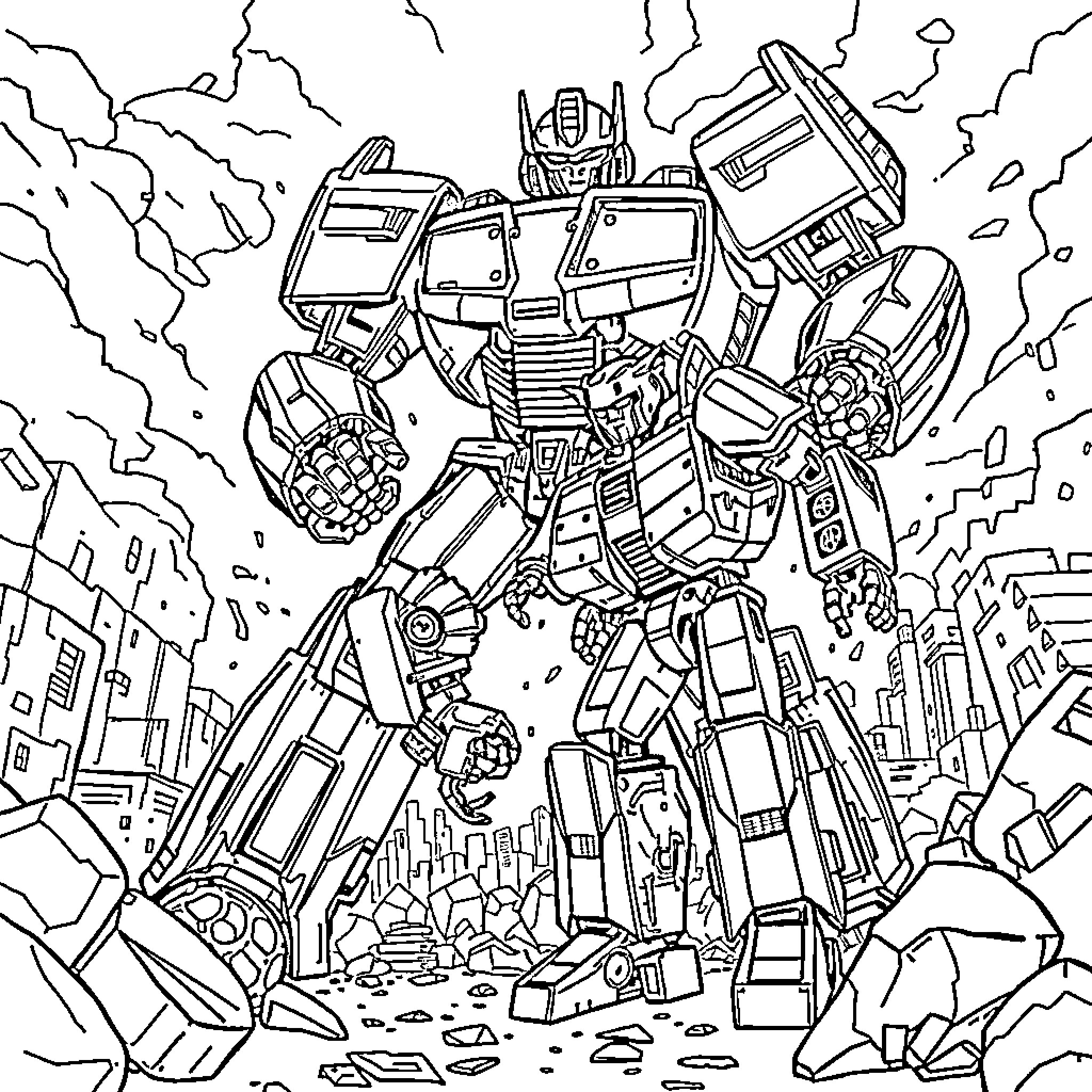 Bumblebee transforming and fighting in the city Coloring Page (free black-and-white line drawing printable PDF for all, from beginners to advanced learners, including children, teens, adults, and seniors)
