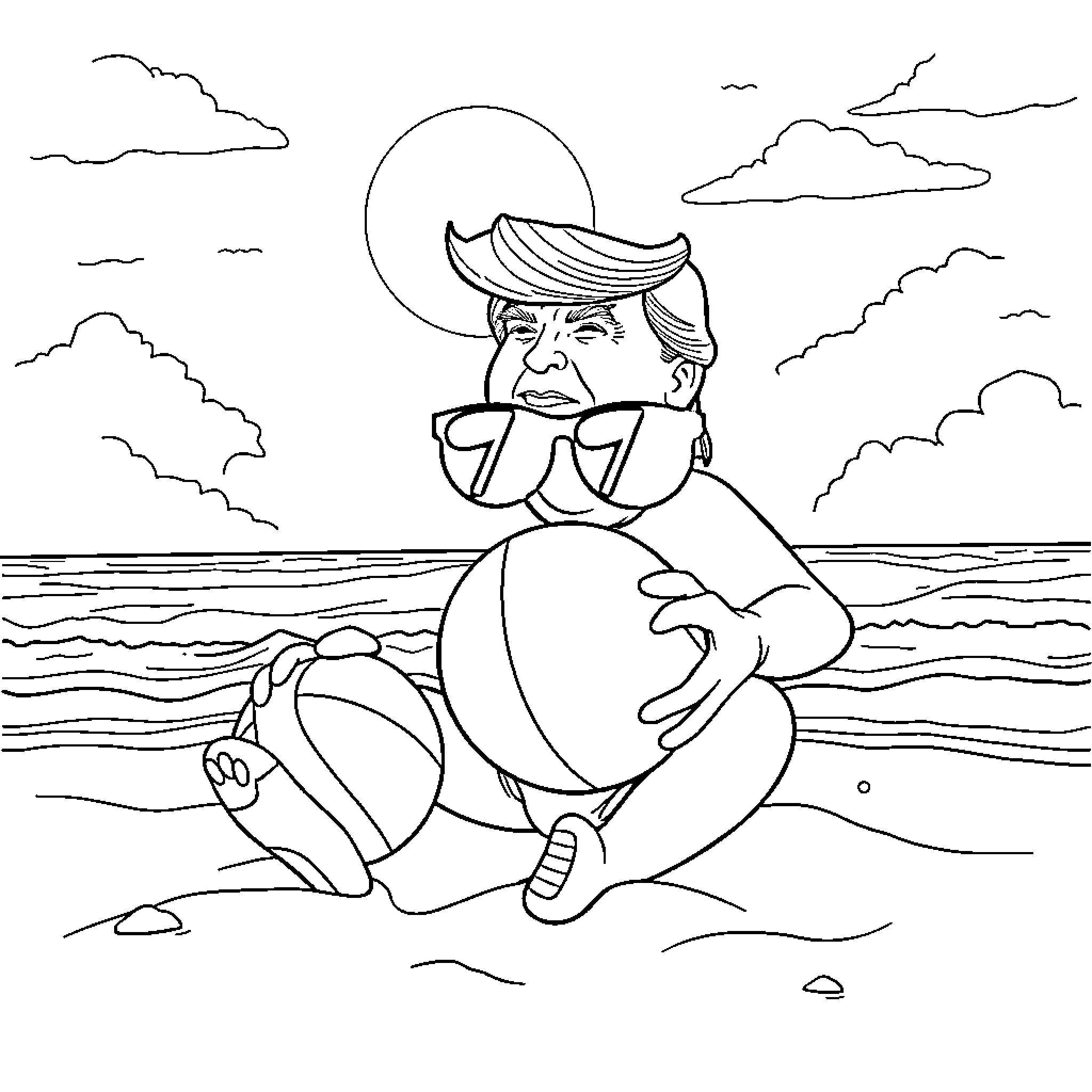 Donald Trump relaxing on a beach with a beachball Coloring Page (free black-and-white line drawing printable PDF for all, from beginners to advanced learners, including children, teens, adults, and seniors)