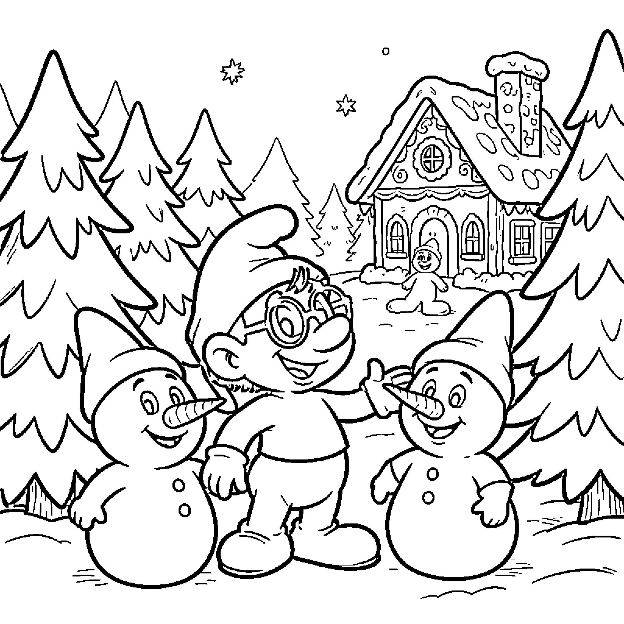 Schtroumpf holiday adventure in a winter wonderland Coloring Page (free black-and-white line drawing printable PDF for all, from beginners to advanced learners, including children, teens, adults, and seniors)
