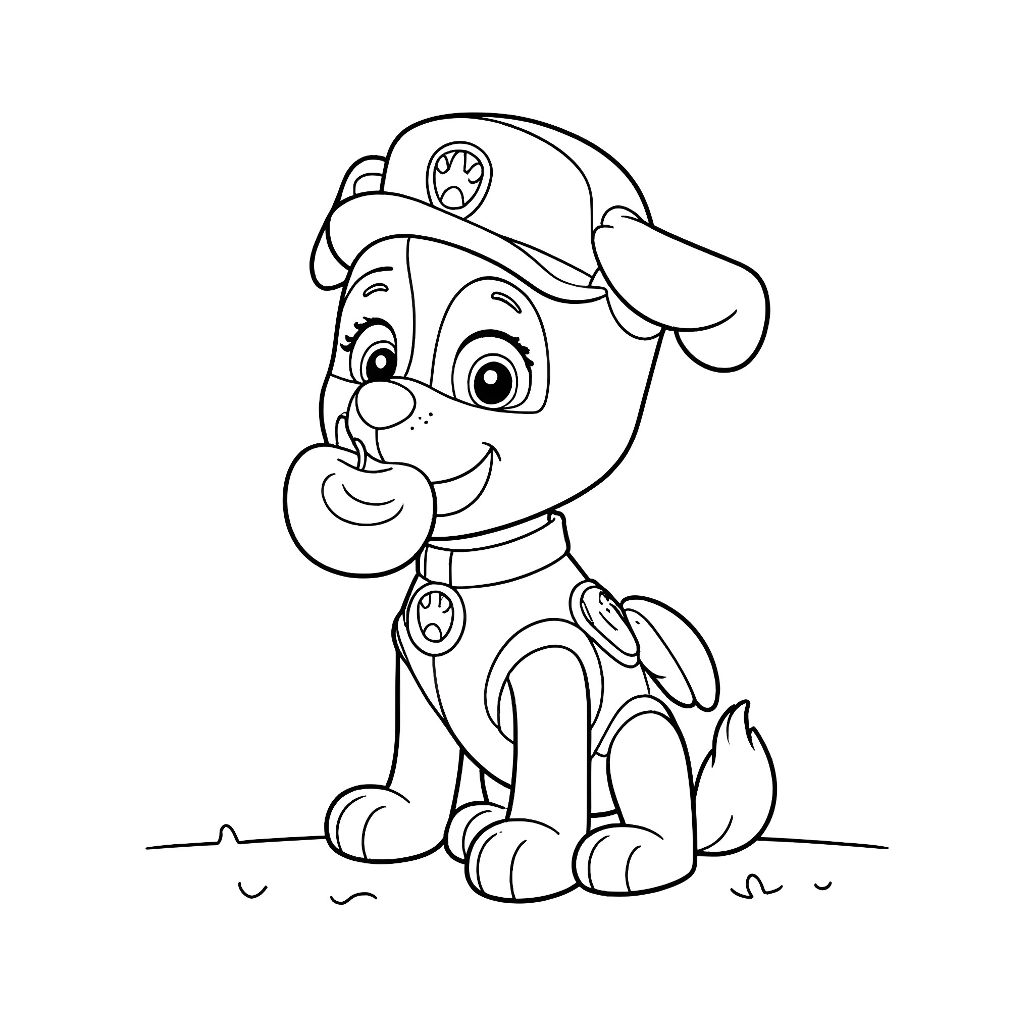 Paw Patrol puppy in uniform performing duties Coloring Page (free black-and-white line drawing printable PDF for all, from beginners to advanced learners, including children, teens, adults, and seniors)