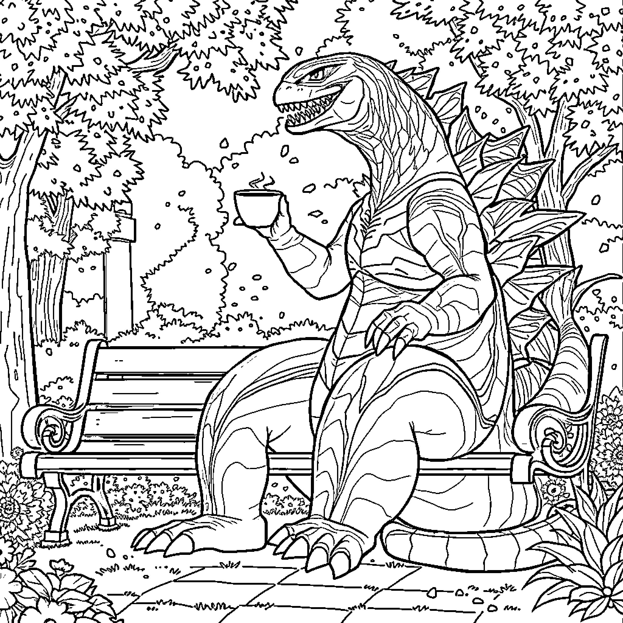 Godzilla relaxing and enjoying a cup of tea in the park Coloring Page (free black-and-white line drawing printable PDF for all, from beginners to advanced learners, including children, teens, adults, and seniors)