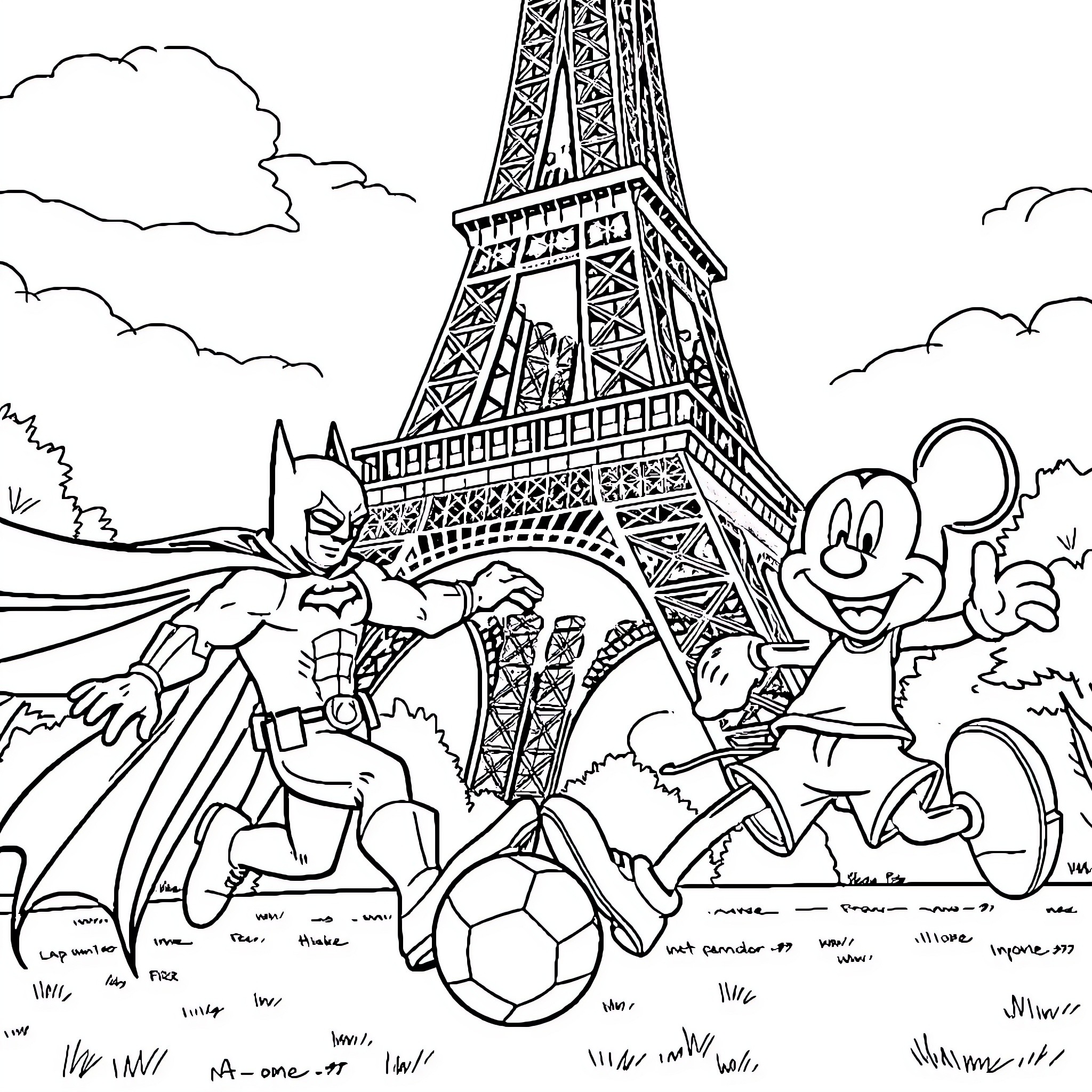 Batman and friends explore the Eiffel Tower Coloring Page (free black-and-white line drawing printable PDF for all, from beginners to advanced learners, including children, teens, adults, and seniors)