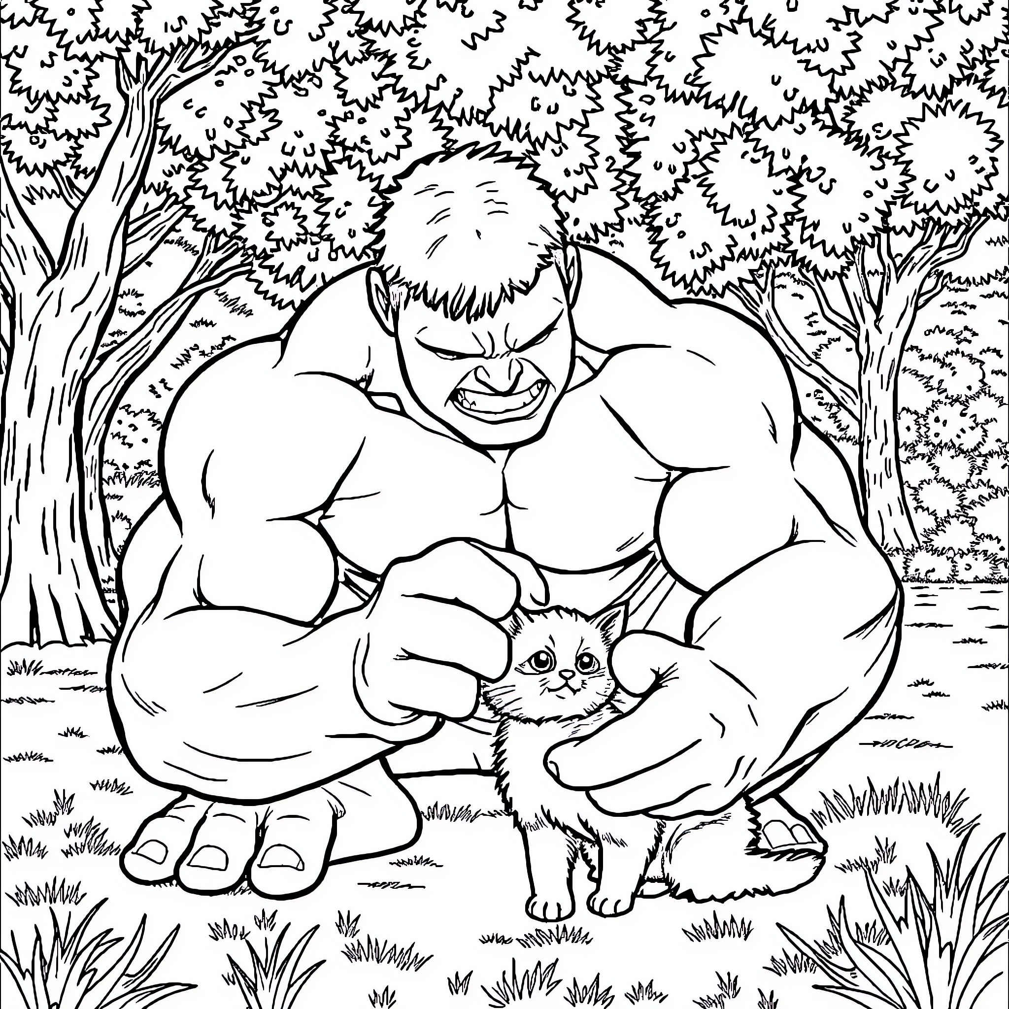 Hulk's Gentle Embrace of a Furry Friend Coloring Page (free black-and-white line drawing printable PDF for all, from beginners to advanced learners, including children, teens, adults, and seniors)