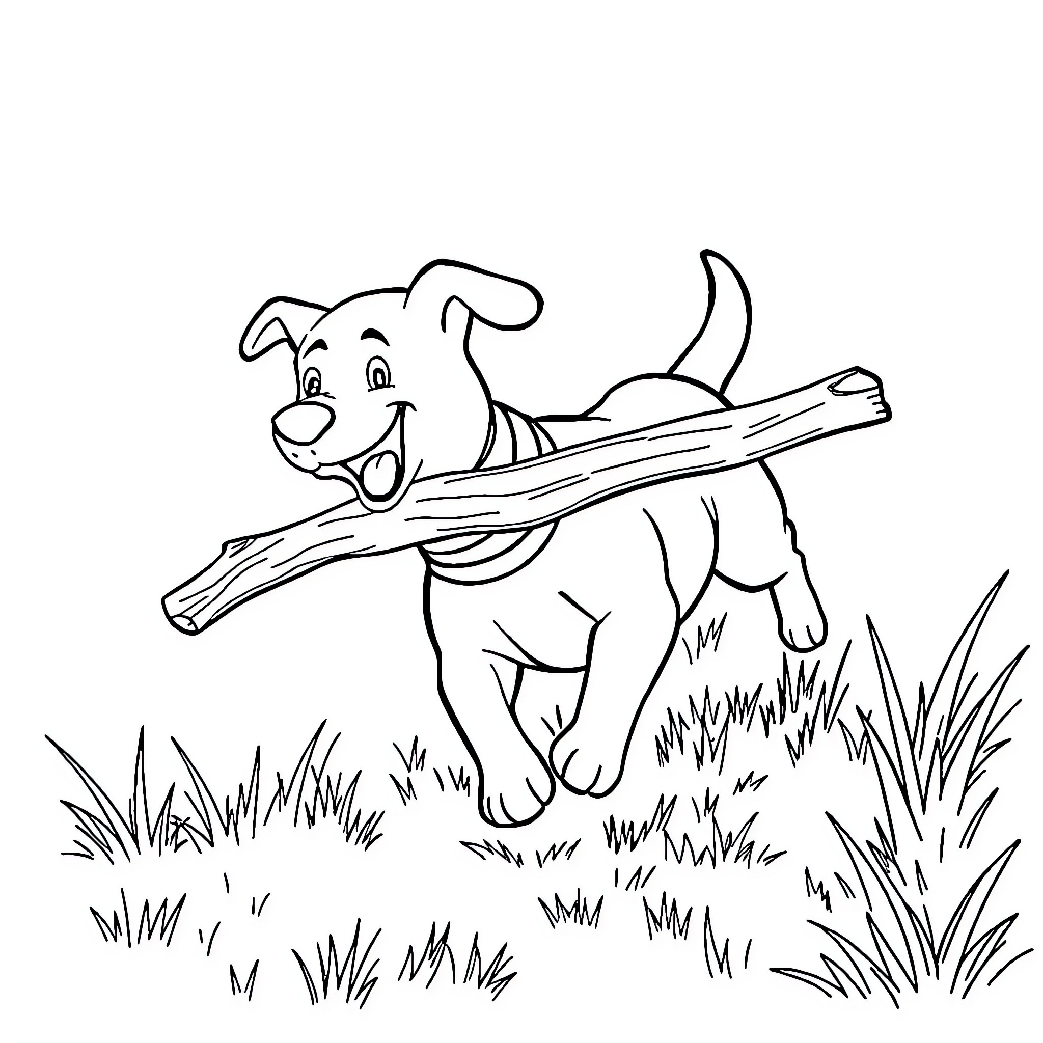 Dog carrying a stick through the grass Coloring Page (free black-and-white line drawing printable PDF for all, from beginners to advanced learners, including children, teens, adults, and seniors)