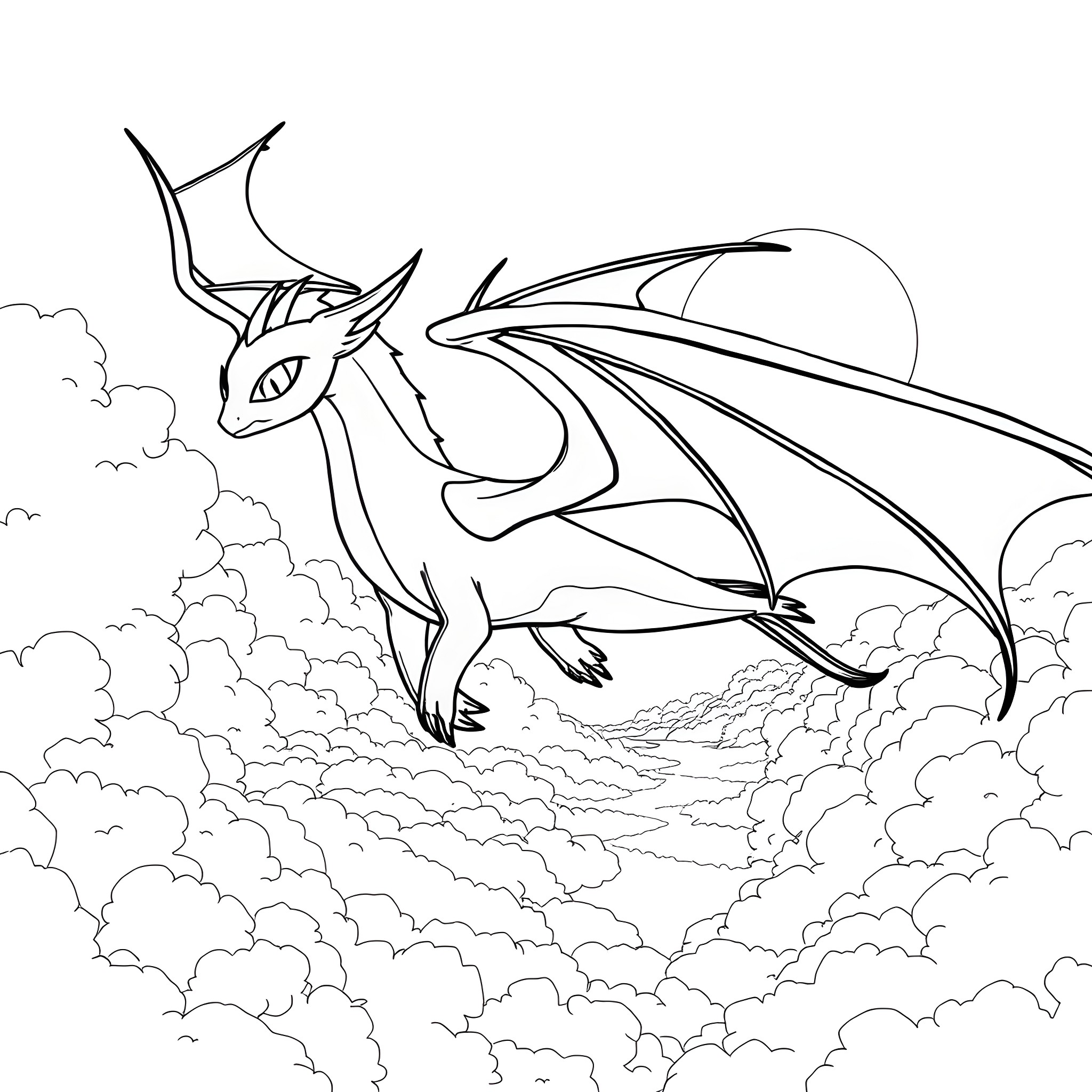 Dragon soaring through cloudy skies Coloring Page (free black-and-white line drawing printable PDF for all, from beginners to advanced learners, including children, teens, adults, and seniors)