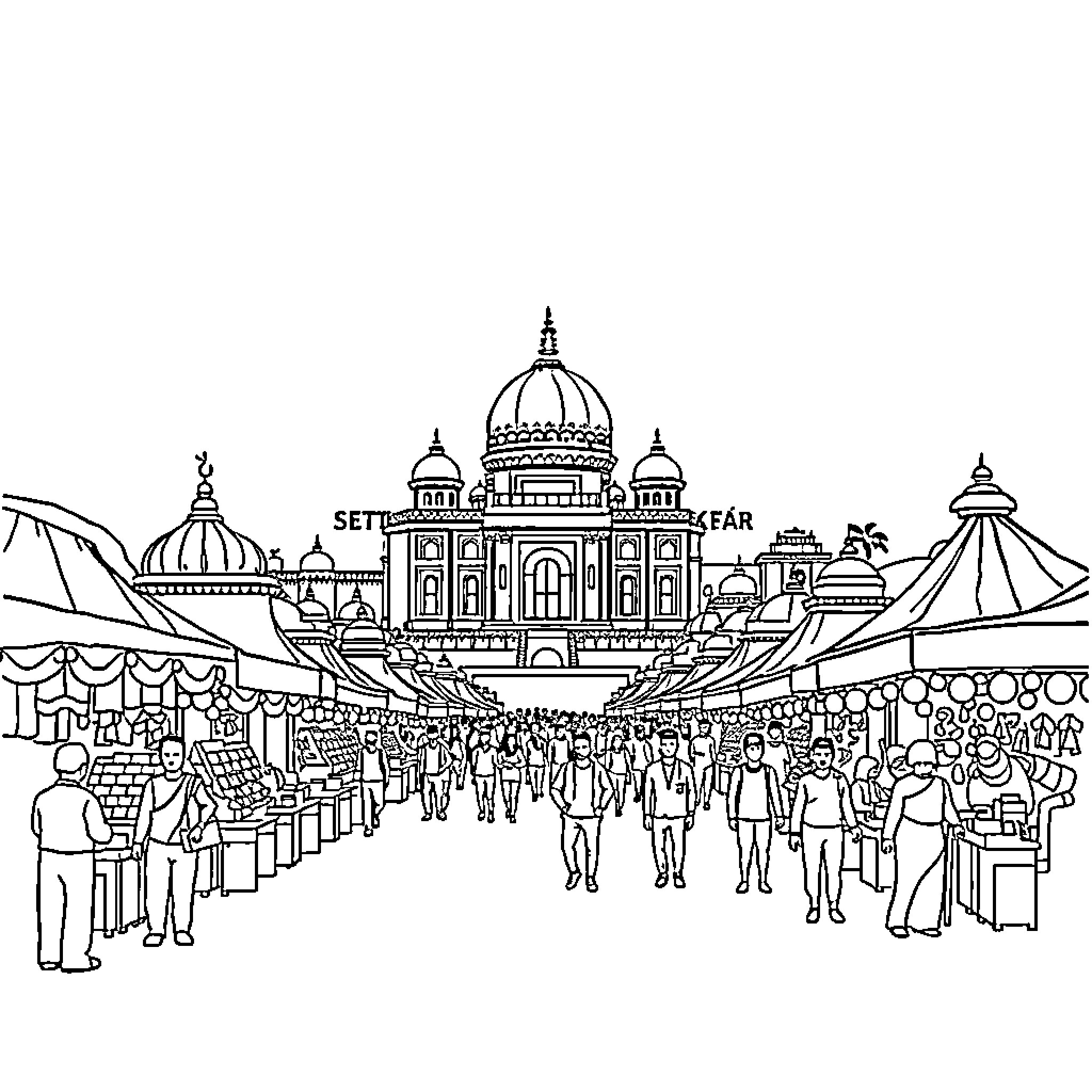 Trip to a Bustling City Market Coloring Page (free black-and-white line drawing printable PDF for all, from beginners to advanced learners, including children, teens, adults, and seniors)