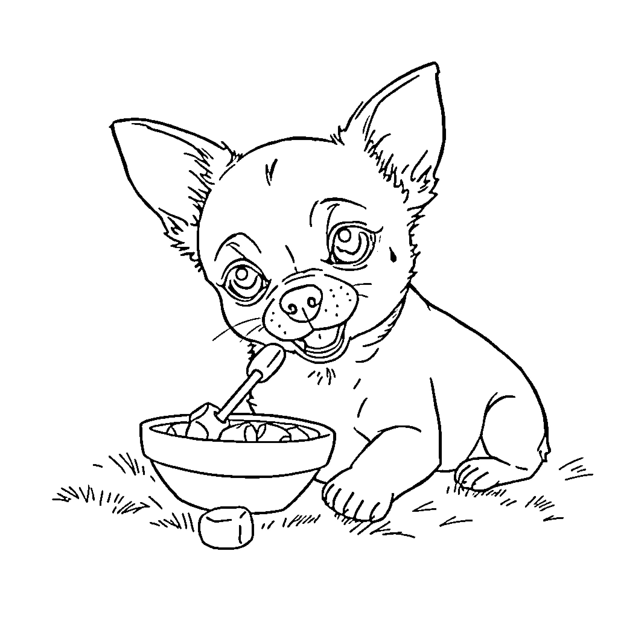 Chihuahua enjoying a meal outdoors Coloring Page (free black-and-white line drawing printable PDF for all, from beginners to advanced learners, including children, teens, adults, and seniors)