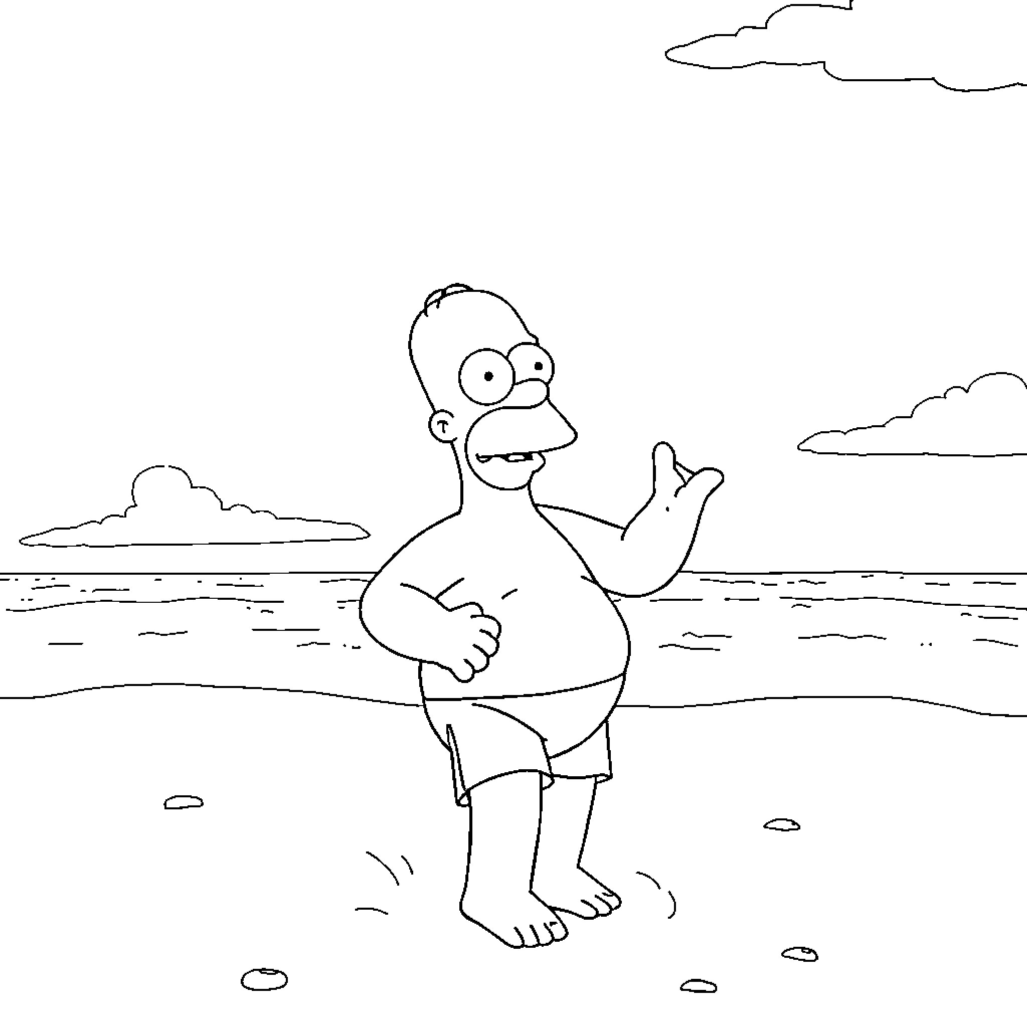 Homer Simpson enjoying a relaxing day at the beach Coloring Page (free black-and-white line drawing printable PDF for all, from beginners to advanced learners, including children, teens, adults, and seniors)