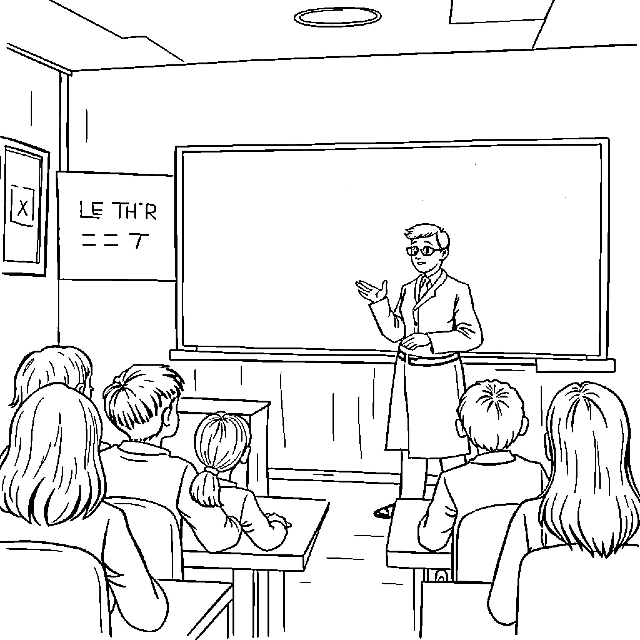 Teacher explaining a lesson to attentive students Coloring Page (free black-and-white line drawing printable PDF for all, from beginners to advanced learners, including children, teens, adults, and seniors)