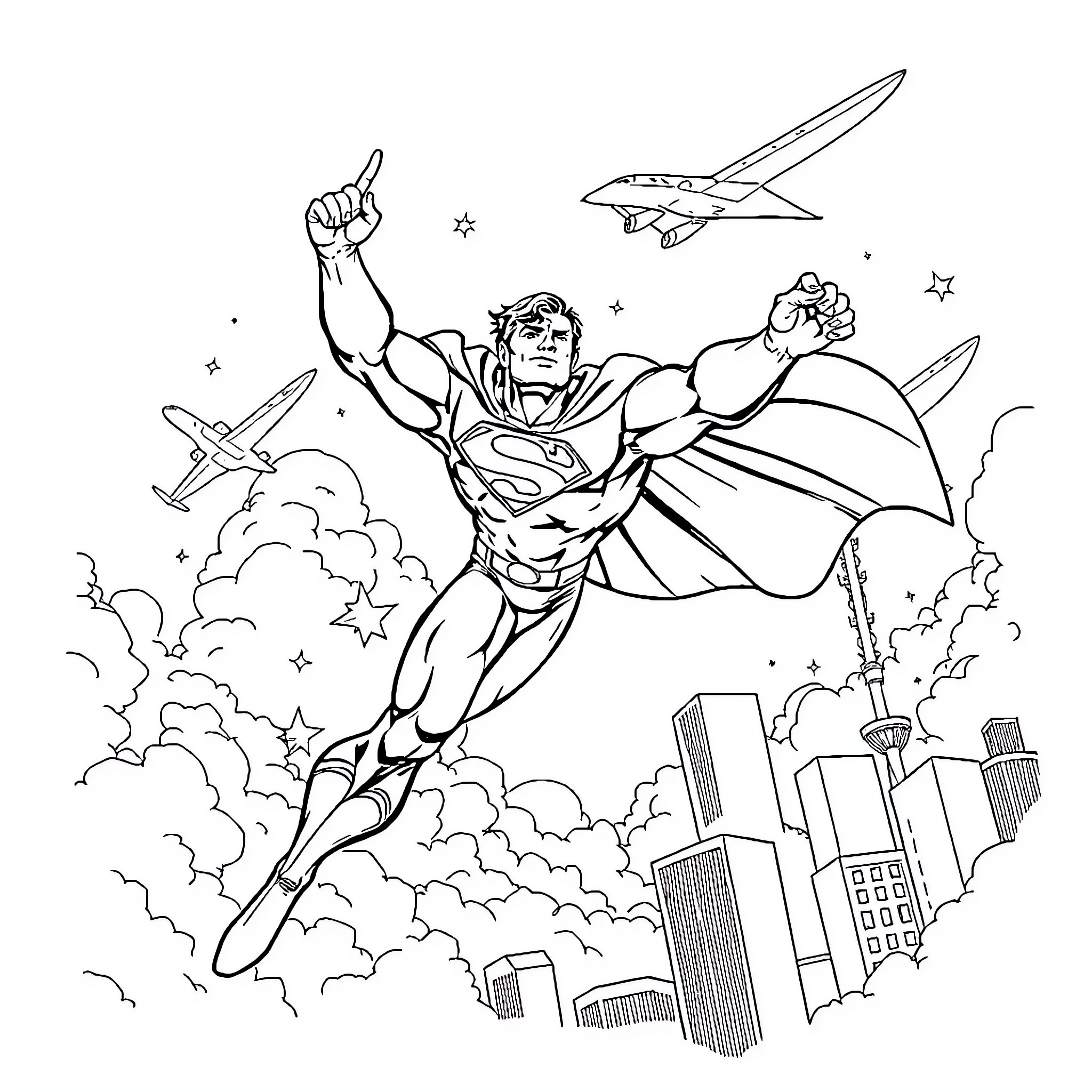 Superman saving the city from threats Coloring Page (free black-and-white line drawing printable PDF for all, from beginners to advanced learners, including children, teens, adults, and seniors)
