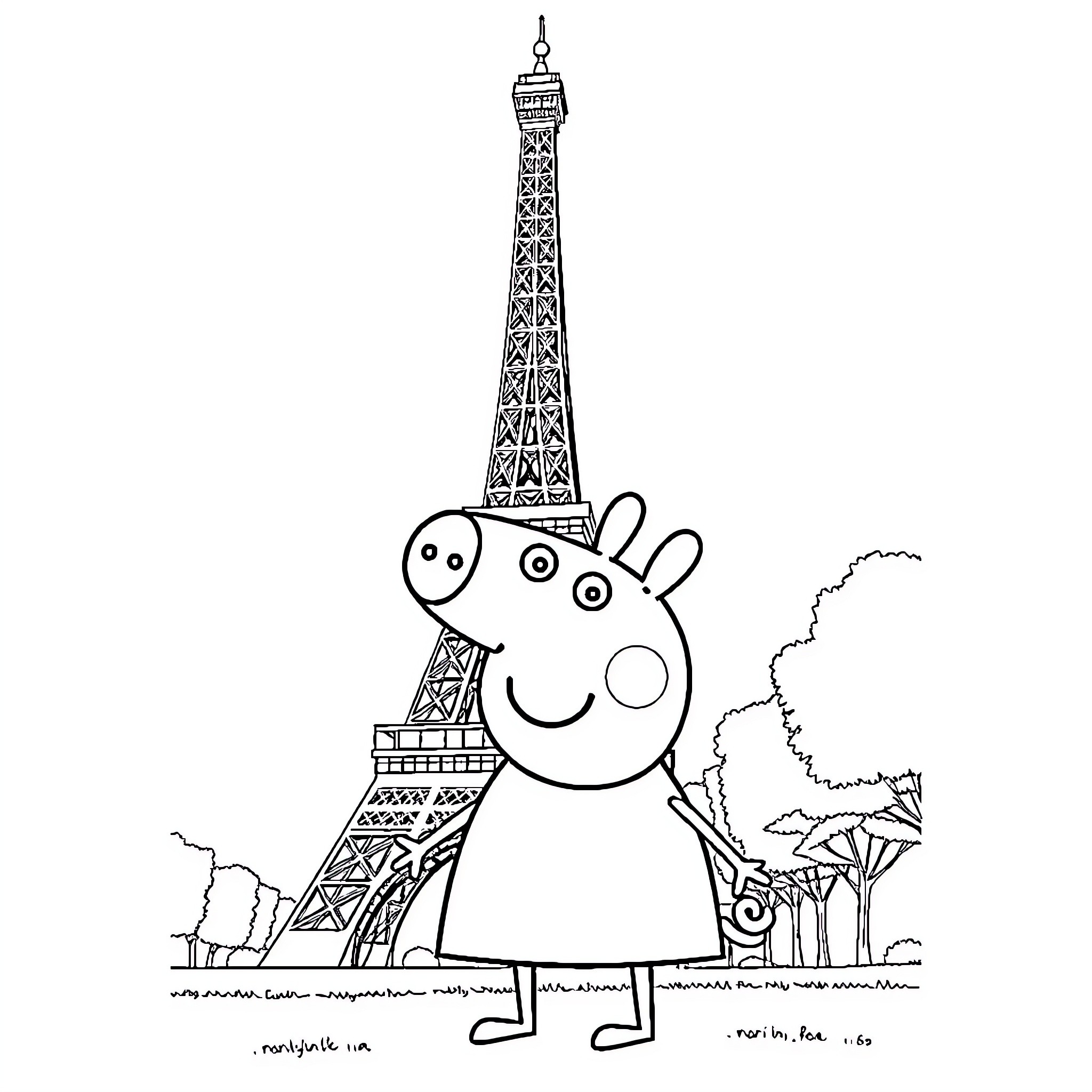 Peppa Pig enjoying a trip to the Eiffel Tower Coloring Page (free black-and-white line drawing printable PDF for all, from beginners to advanced learners, including children, teens, adults, and seniors)