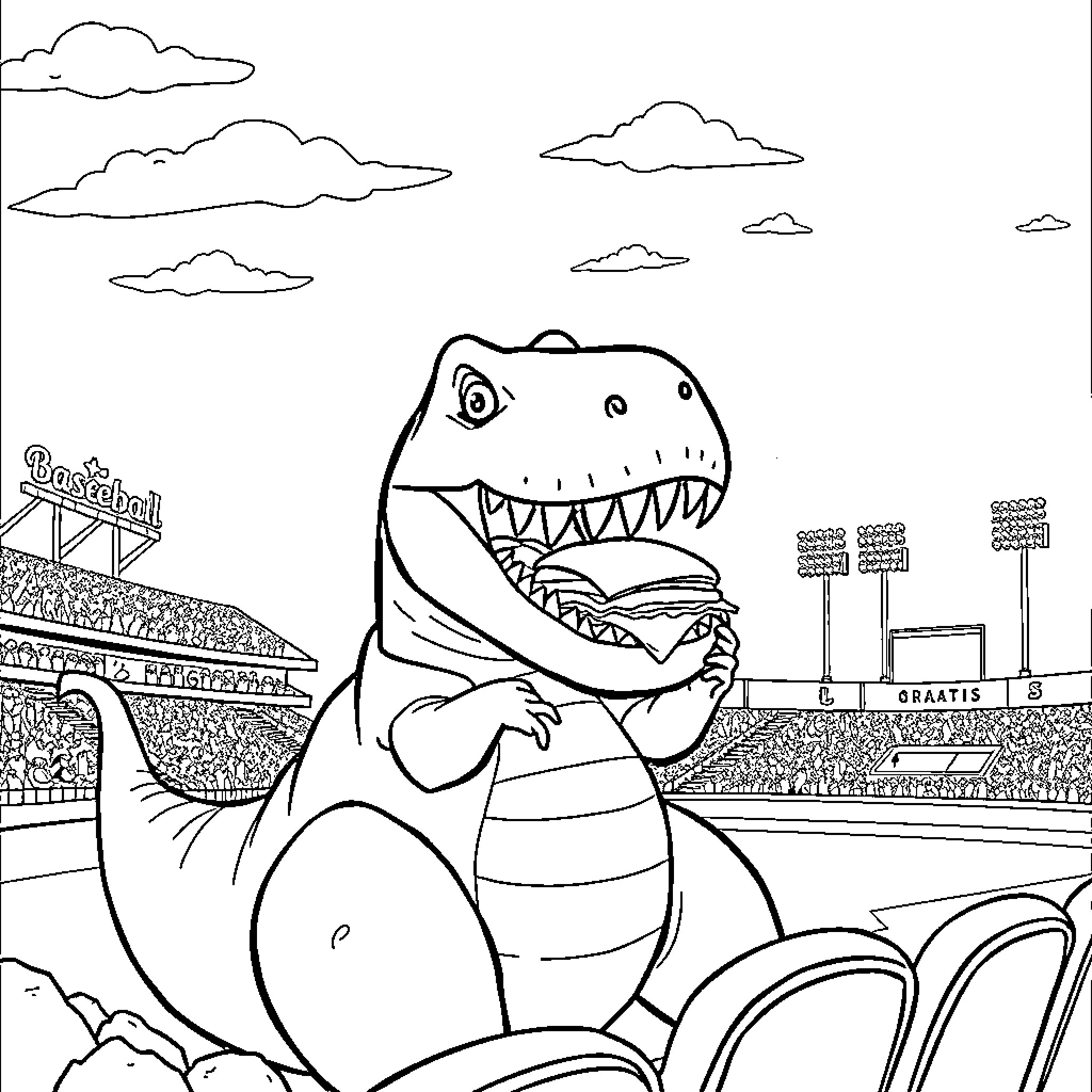 Dinosaur playing baseball in the stadium Coloring Page (free black-and-white line drawing printable PDF for all, from beginners to advanced learners, including children, teens, adults, and seniors)