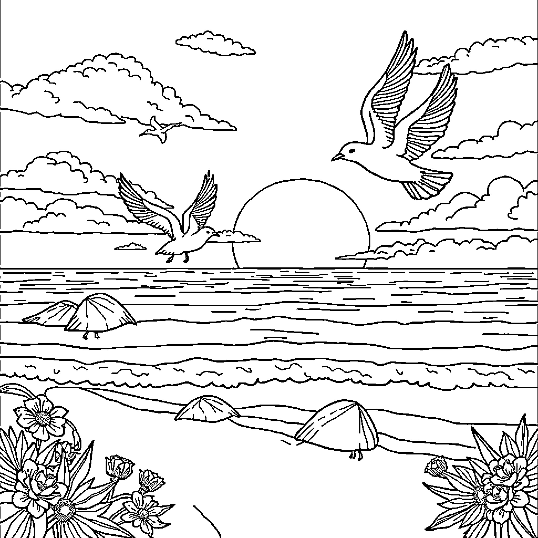 Sunset scene with birds flying over the ocean Coloring Page (free black-and-white line drawing printable PDF for all, from beginners to advanced learners, including children, teens, adults, and seniors)