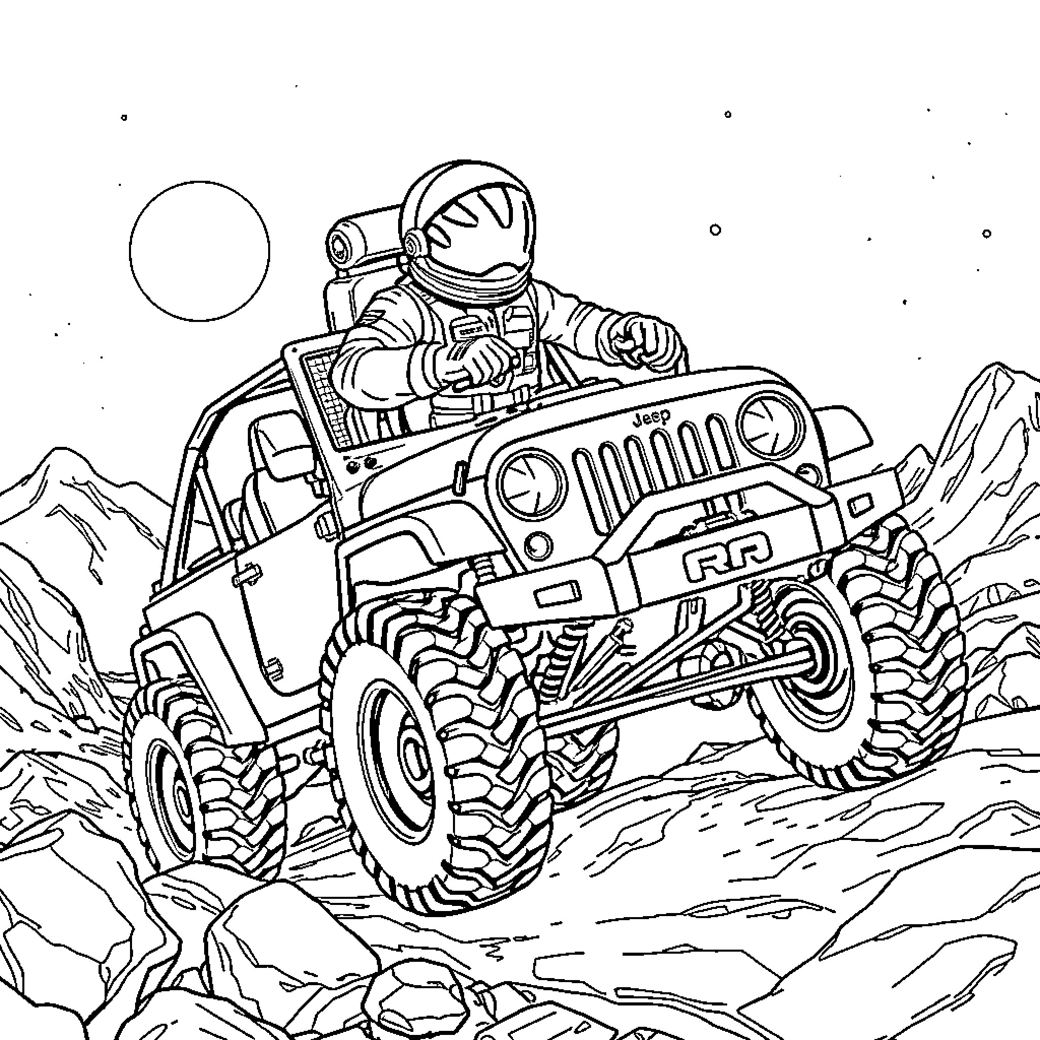 Astronaut exploring rocky terrain in a rugged off-road vehicle Coloring Page (free black-and-white line drawing printable PDF for all, from beginners to advanced learners, including children, teens, adults, and seniors)