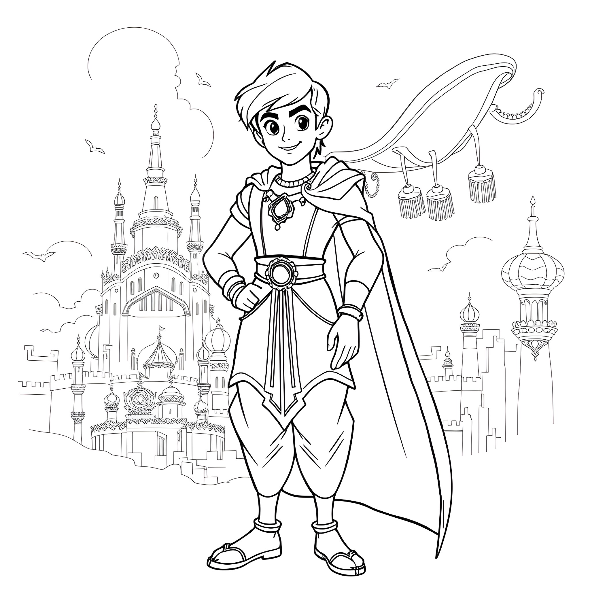 Aladdin's Adventure in the Enchanting City Coloring Page (free black-and-white line drawing printable PDF for all, from beginners to advanced learners, including children, teens, adults, and seniors)
