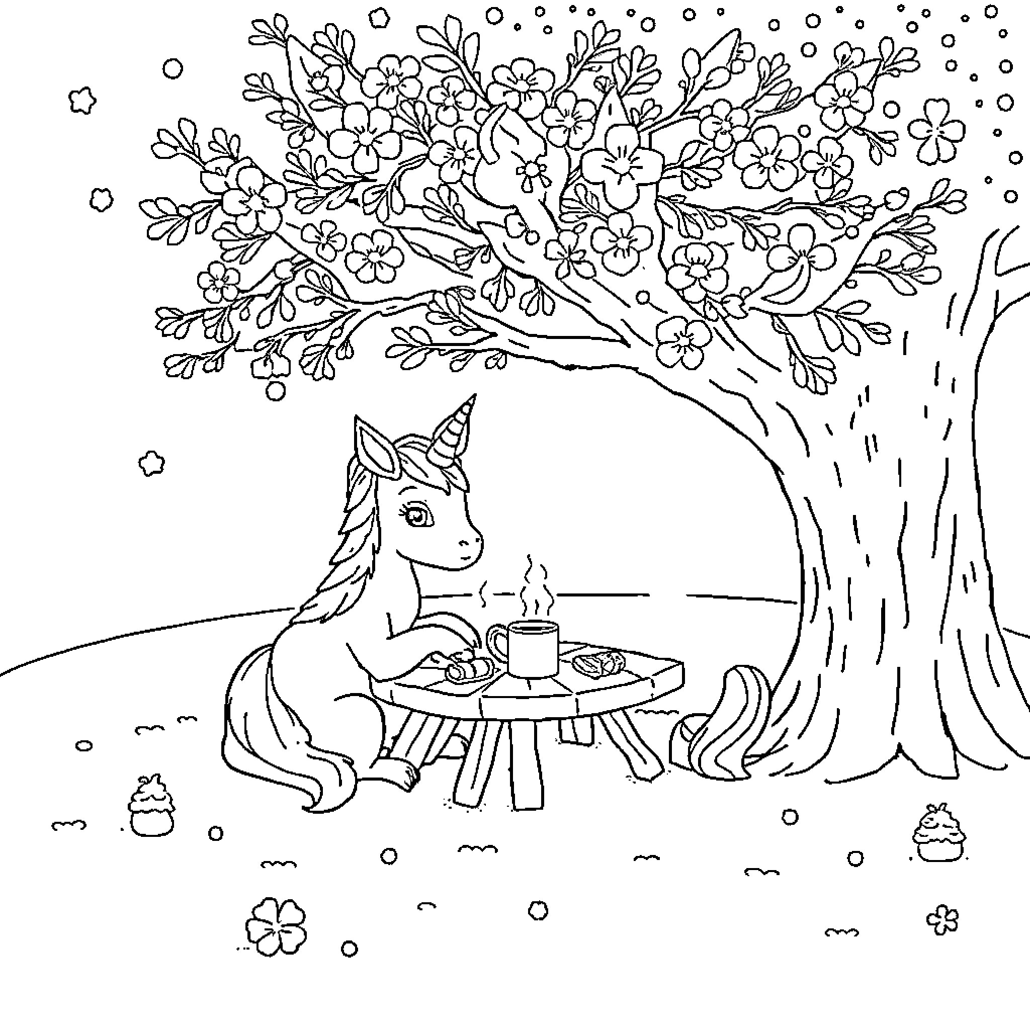 Unicorn enjoying tea party under blossoming tree Coloring Page (free black-and-white line drawing printable PDF for all, from beginners to advanced learners, including children, teens, adults, and seniors)