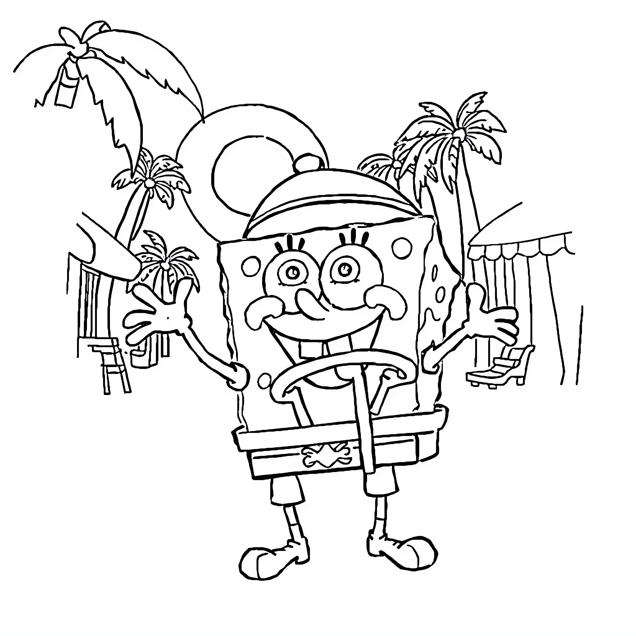 Bob esponja enjoying a tropical vacation Coloring Page (free black-and-white line drawing printable PDF for all, from beginners to advanced learners, including children, teens, adults, and seniors)