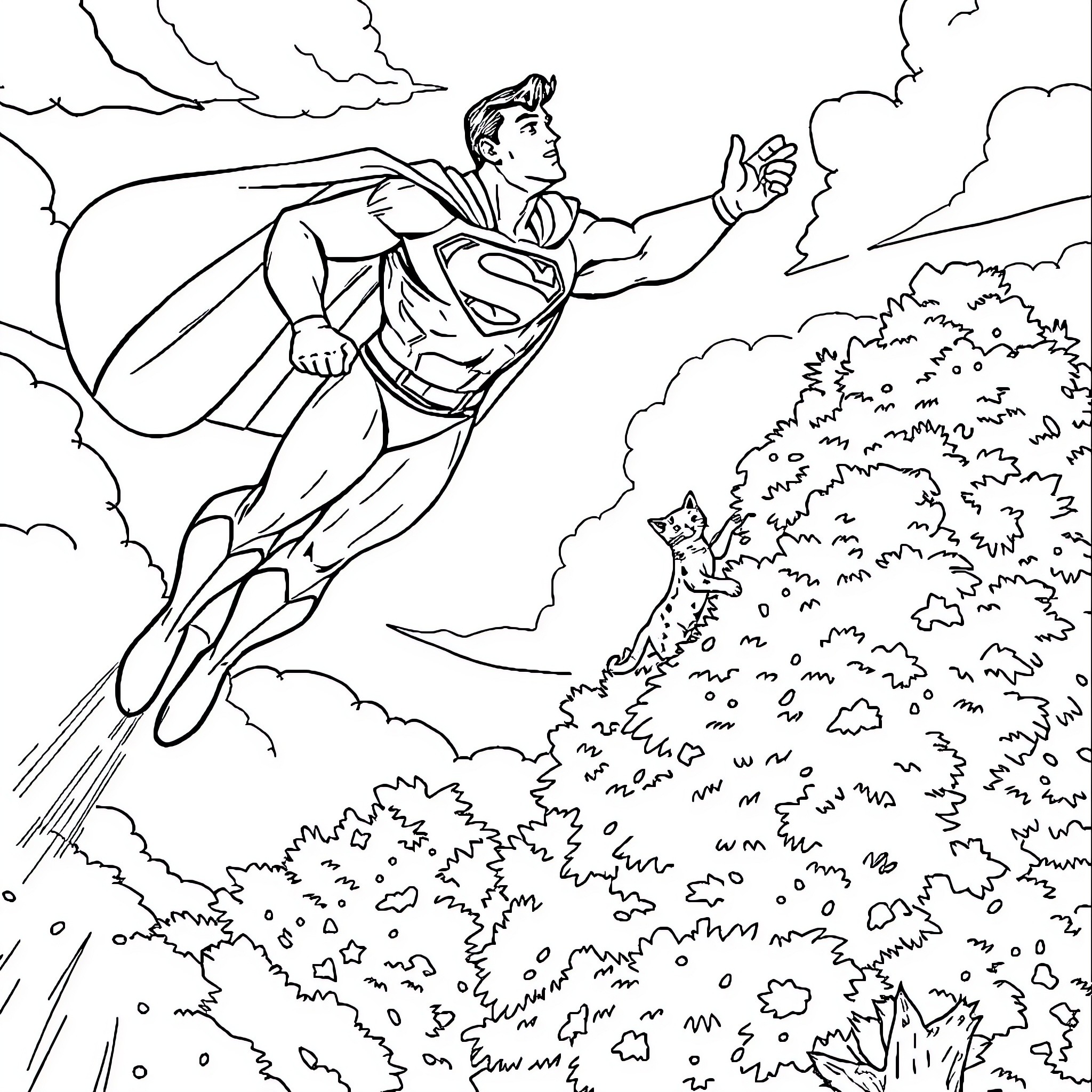 Superman flying heroically through the sky Coloring Page (free black-and-white line drawing printable PDF for all, from beginners to advanced learners, including children, teens, adults, and seniors)