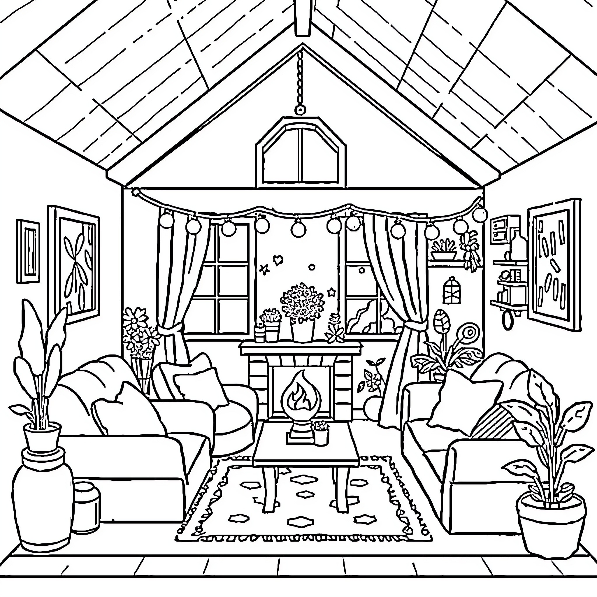 House with Cozy and Decorated Interior Coloring Page (free black-and-white line drawing printable PDF for all, from beginners to advanced learners, including children, teens, adults, and seniors)
